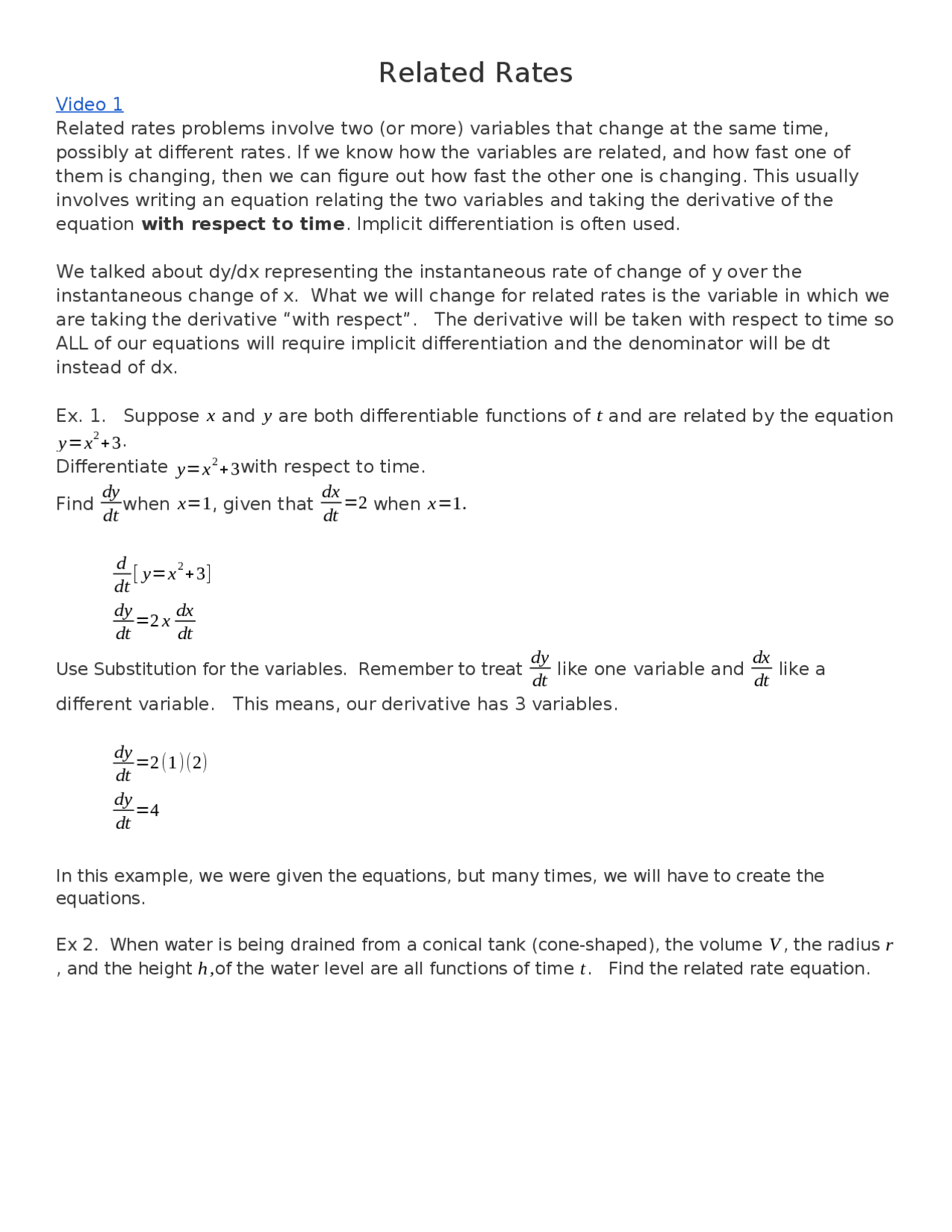 related rates for calculus | Assignments Mathematics | Docsity