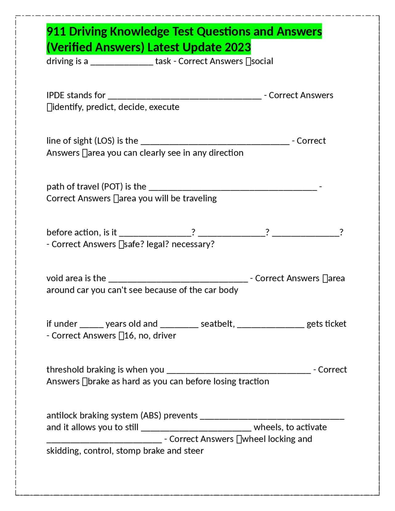 911 Driving Knowledge Test Questions and Answers (Verified Answers
