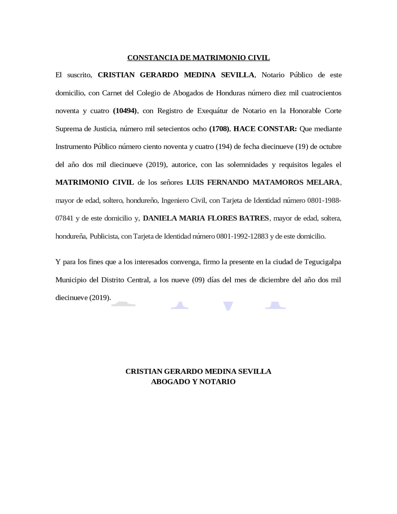 Constancia matrimonio civil | Ejercicios de Derecho de Familia | Docsity