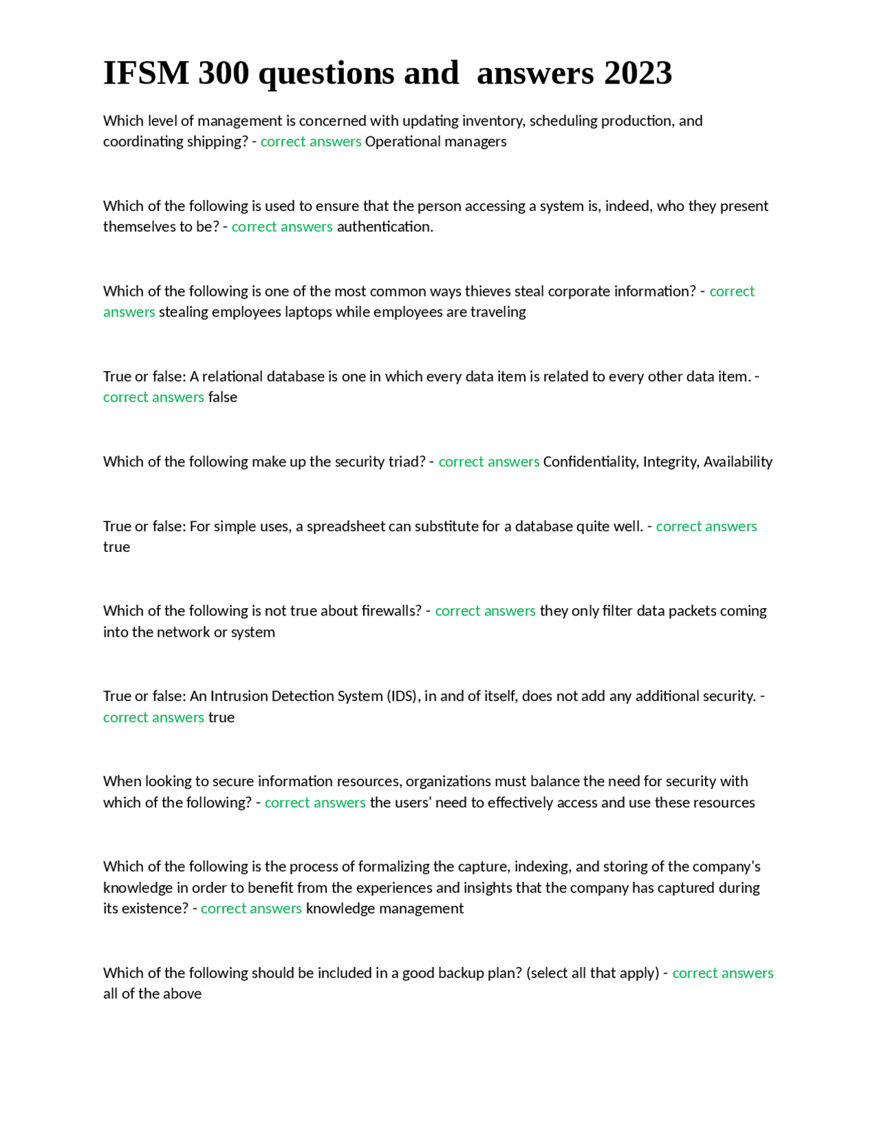 IFSM 300 questions and answers 2023.docx | Exams Nursing | Docsity
