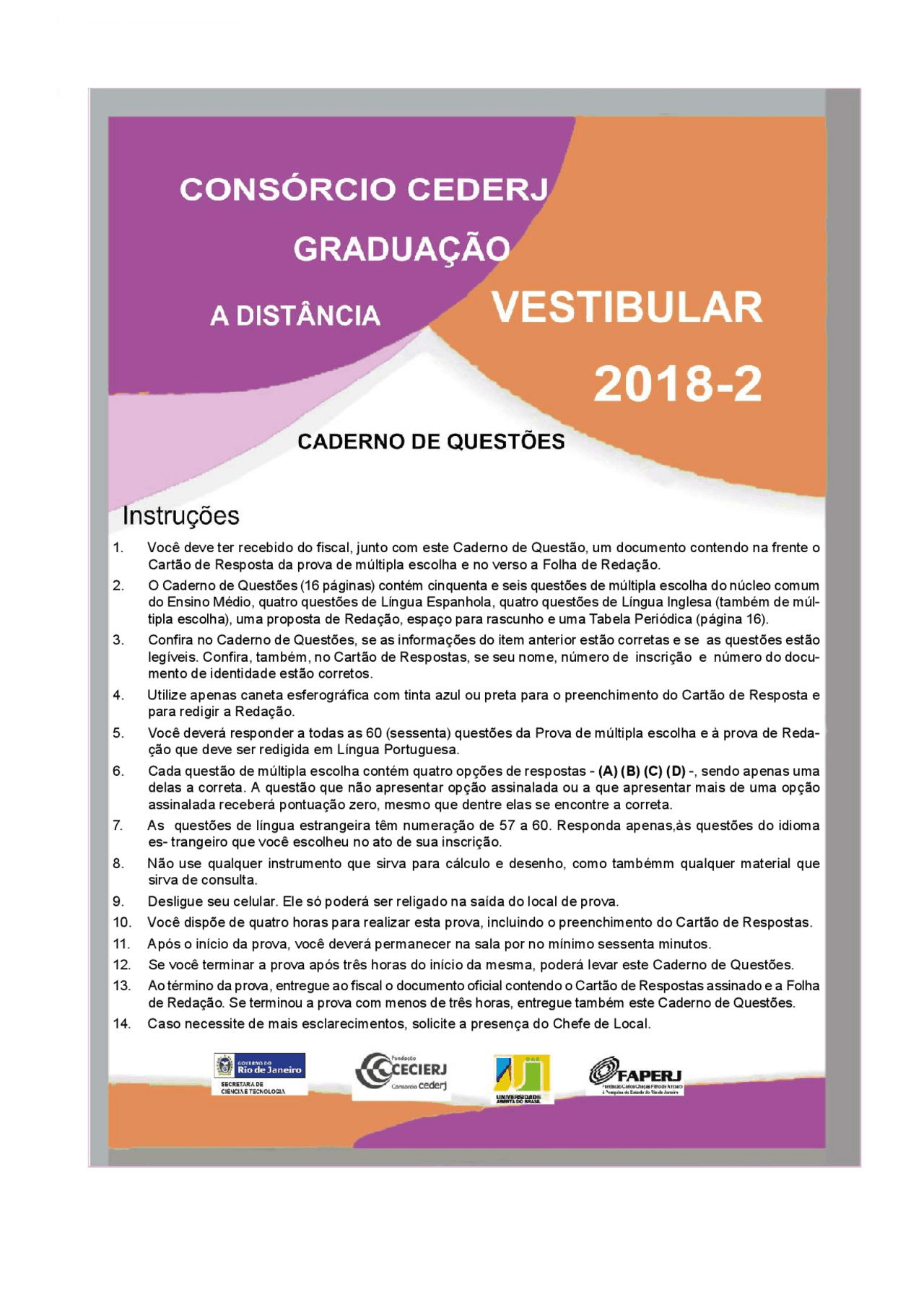 Prova vestibular CEDERJ | Provas Vestibulares | Docsity