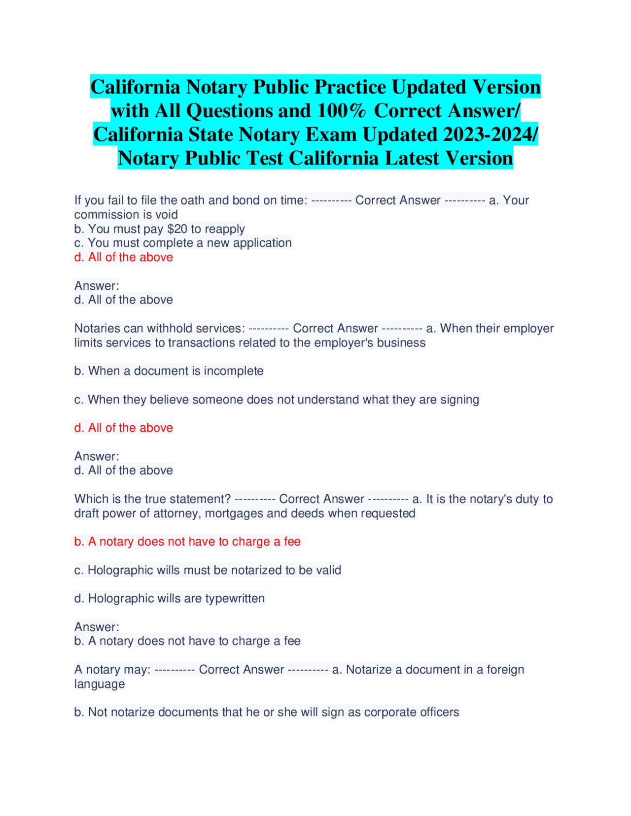 California Notary Public Practice Updated Version with All Questions and 100 Correct Ans