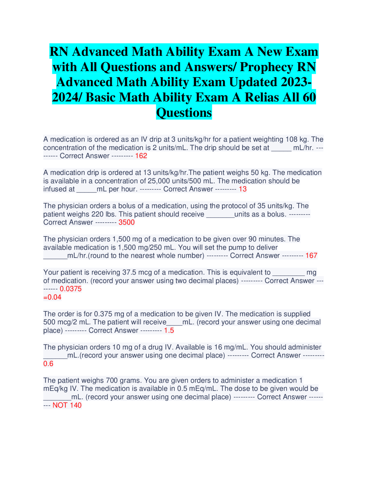 RN Advanced Math Ability Exam A New Exam with All Questions and Answers ...