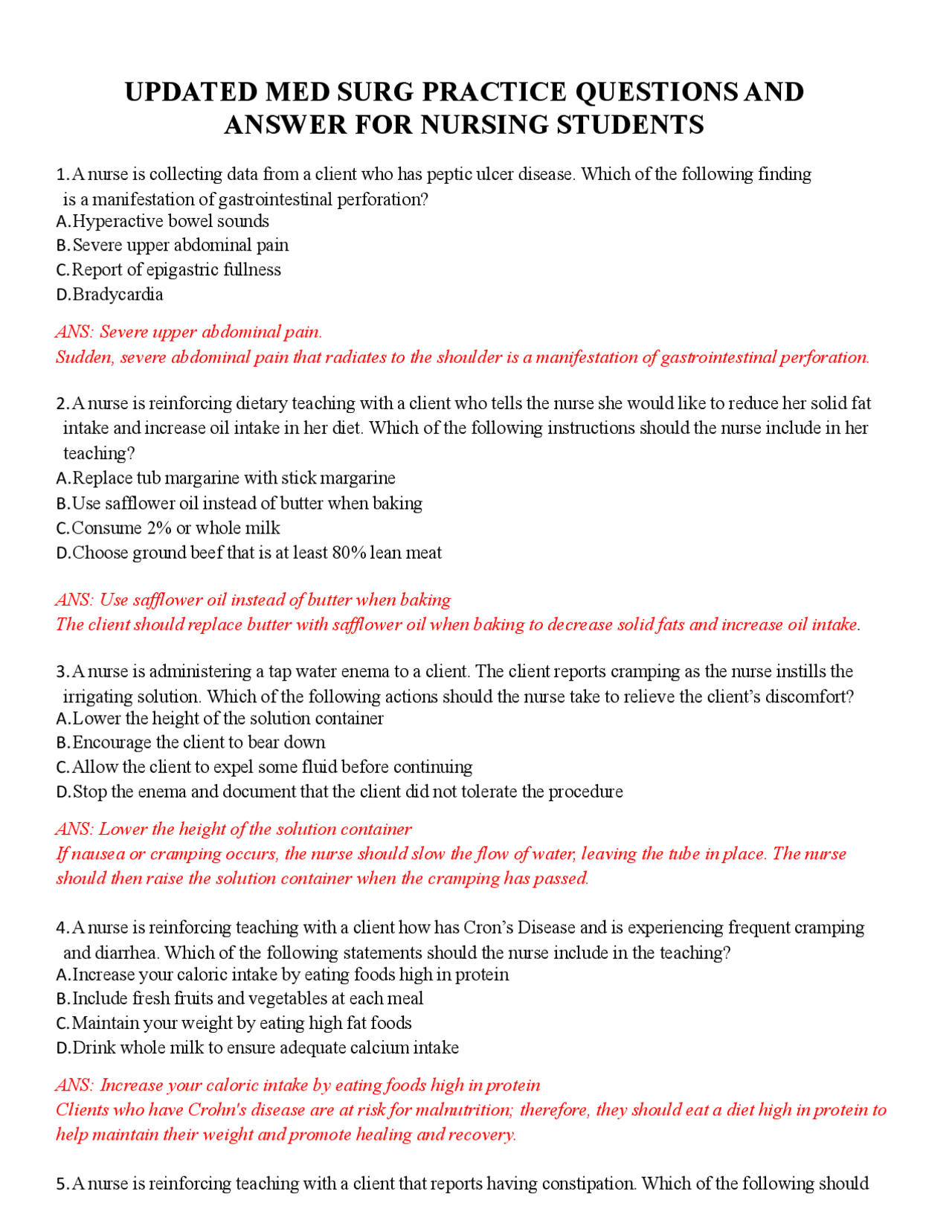 UPDATED MED SURG PRACTICE QUESTIONS AND ANSWER FOR NURSING STUDENTS | Quizzes Nursing | Docsity