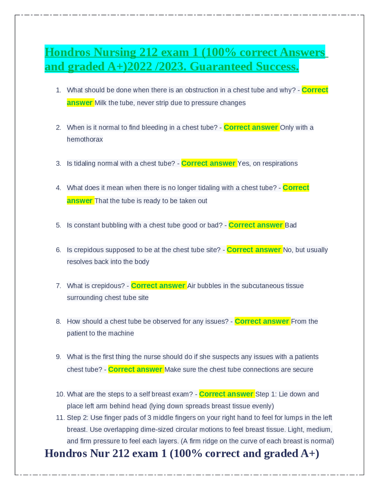 Hondros Nursing 212 exam 1 (100% correct Answers and graded A+)2022 / ...