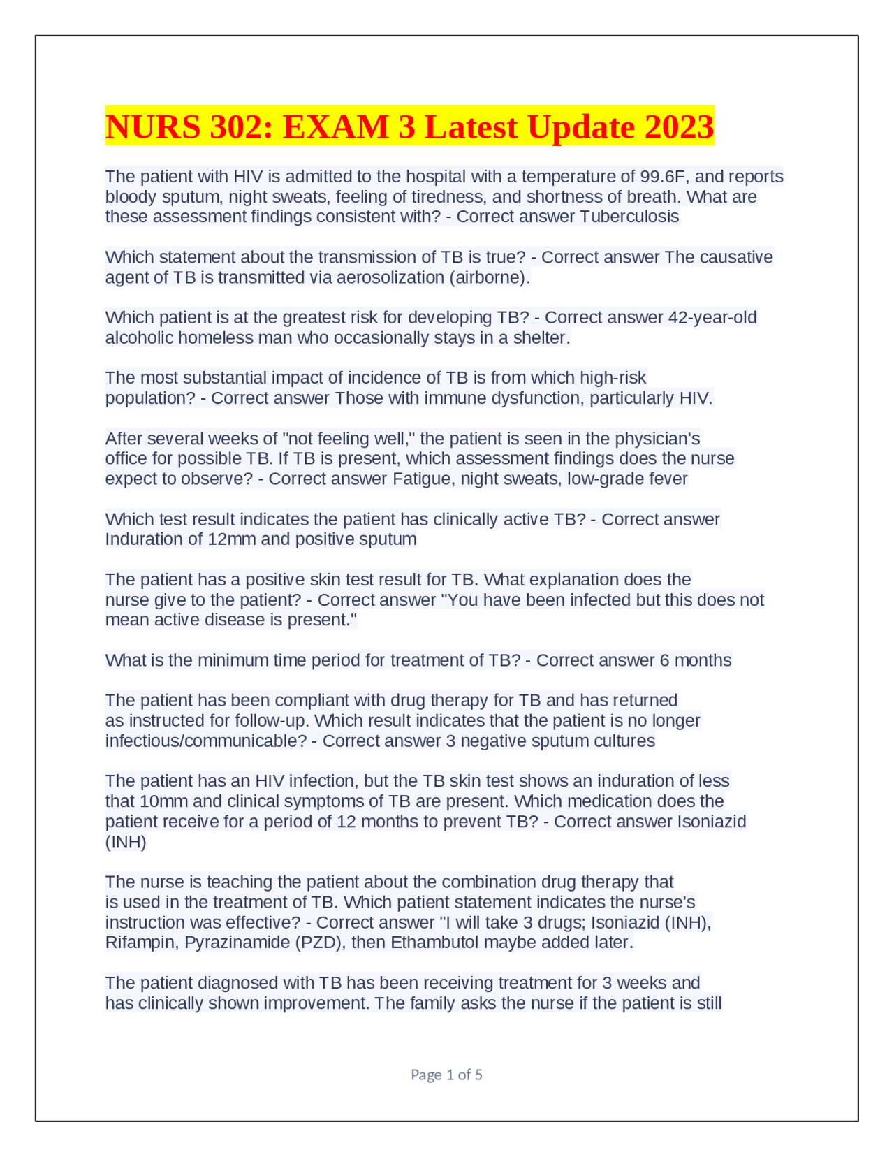 NURS 302: EXAM 3 Latest Update 2023 | Exams Nursing | Docsity