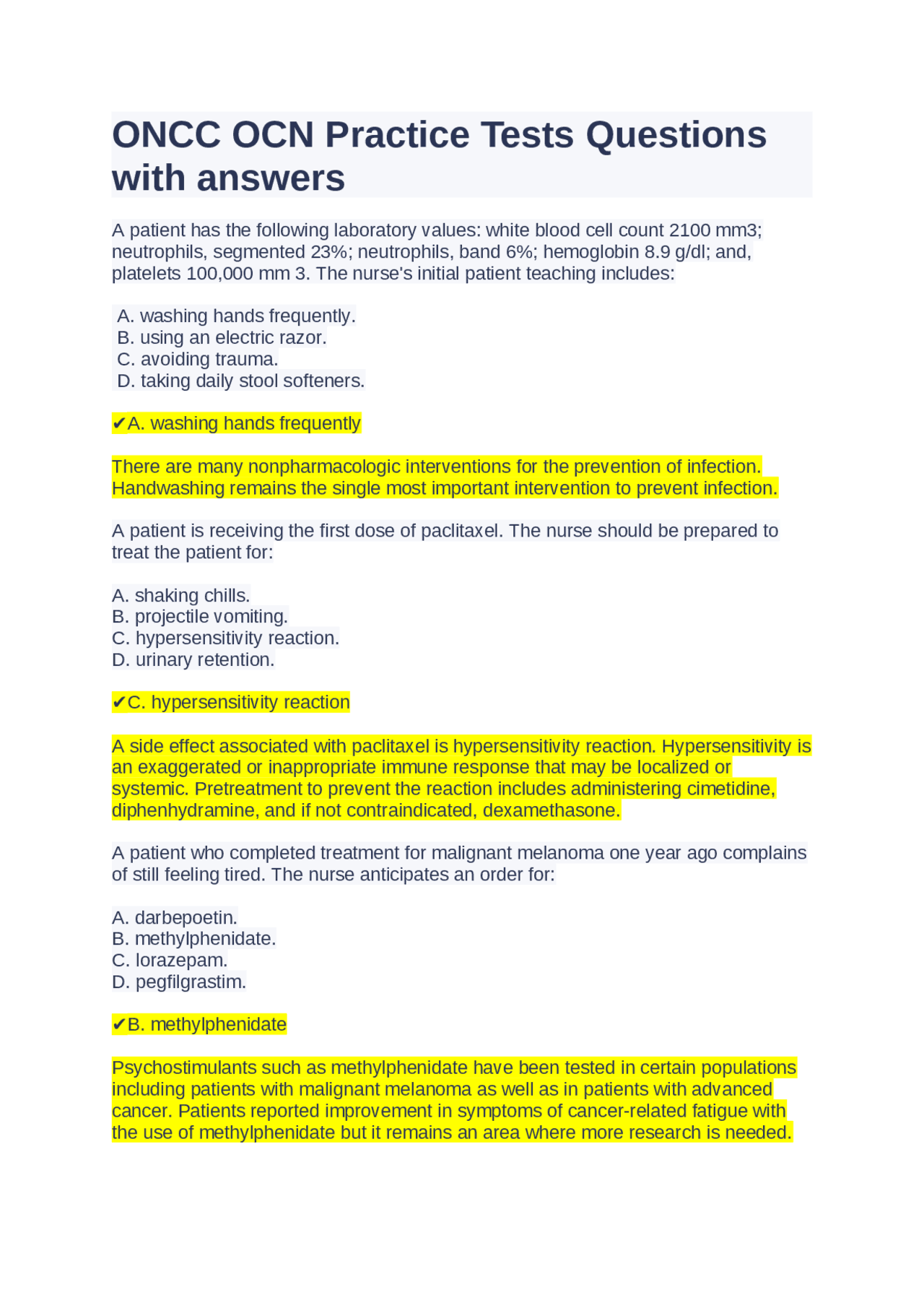 ONCC OCN Practice Tests Questions with answers | Exams Oncology | Docsity