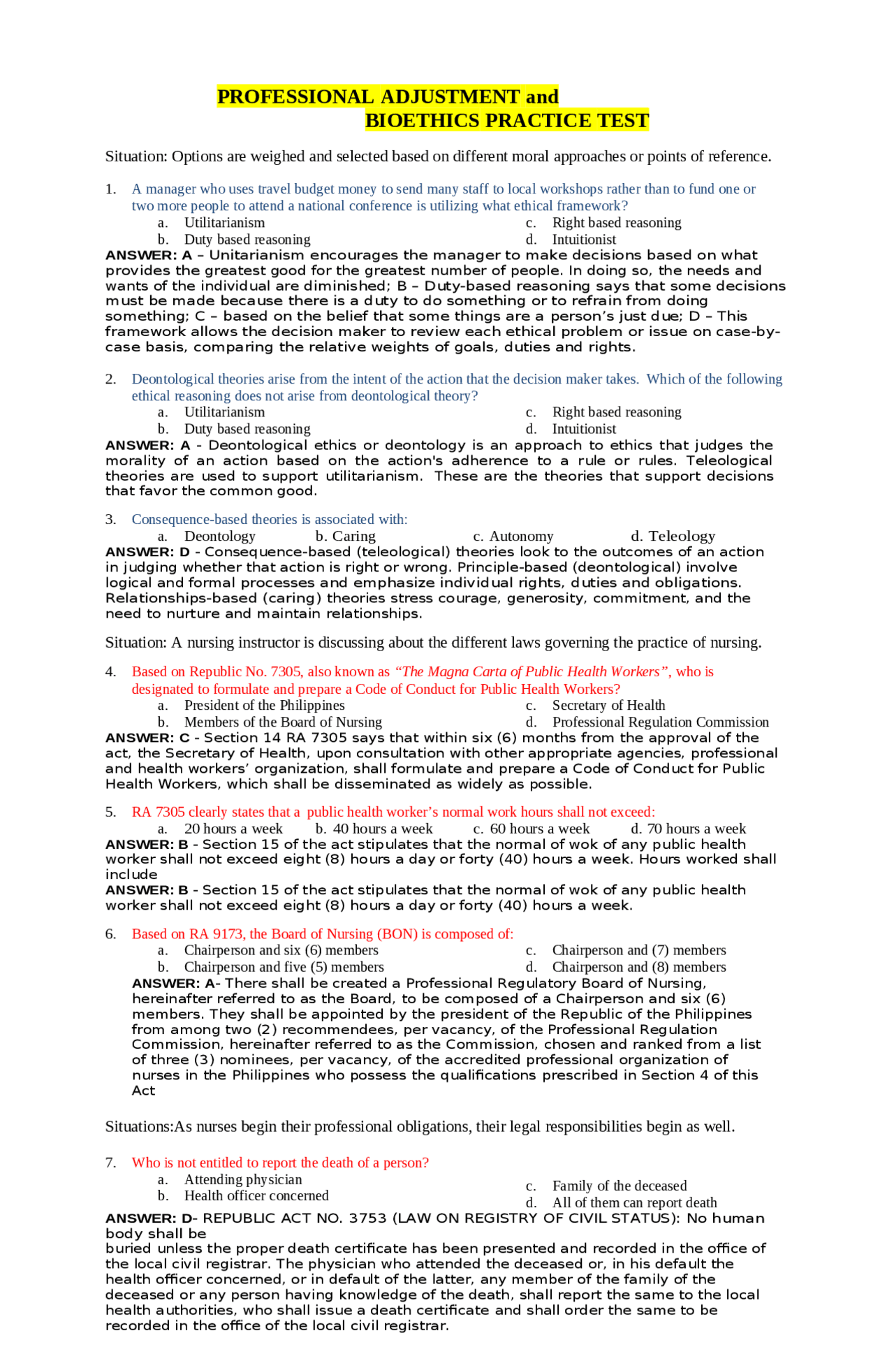 PROFESSIONAL ADJUSTMENT and BIOETHICS PRACTICE TEST | Exams Nursing ...