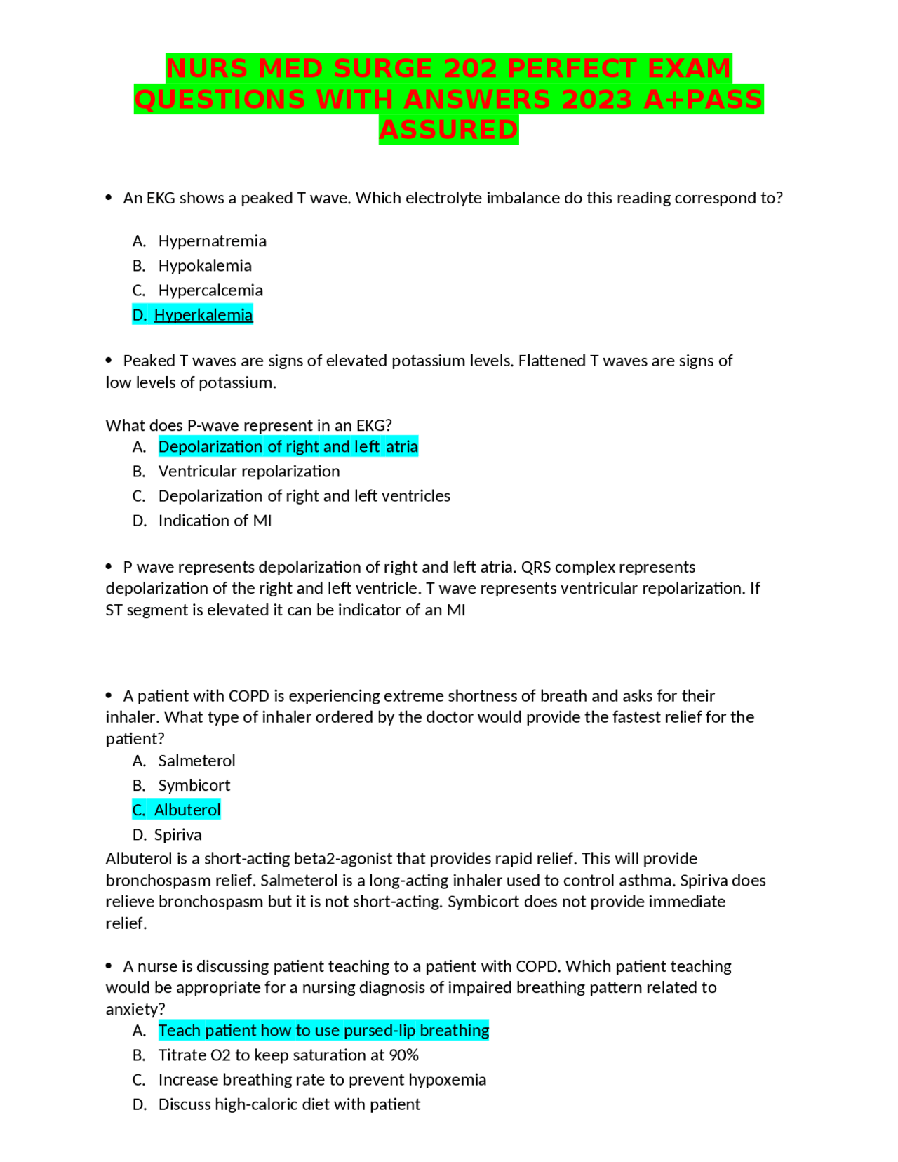 NURS MED SURGE 202 PERFECT EXAM QUESTIONS WITH ANSWERS 2023 A+PASS ...