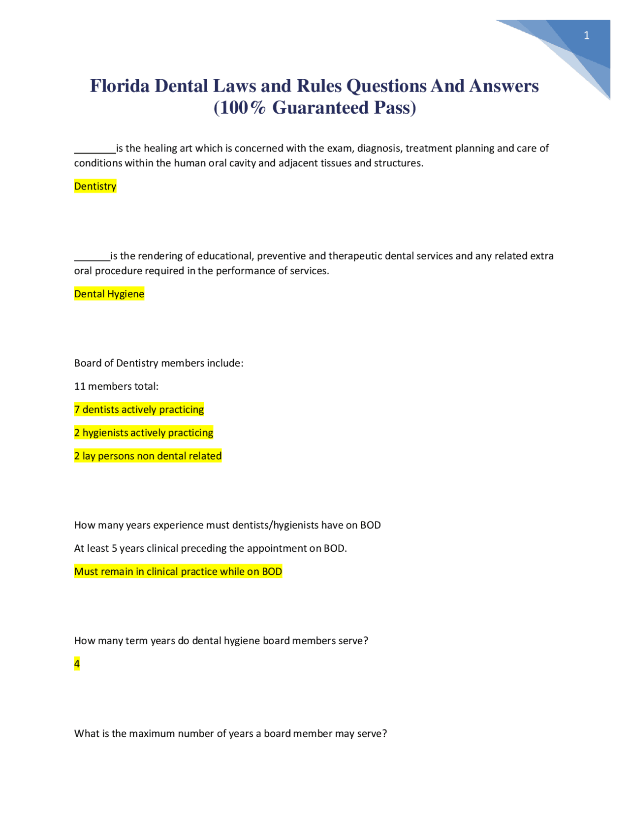 Florida Dental Laws and Rules Questions And Answers (100 Guaranteed