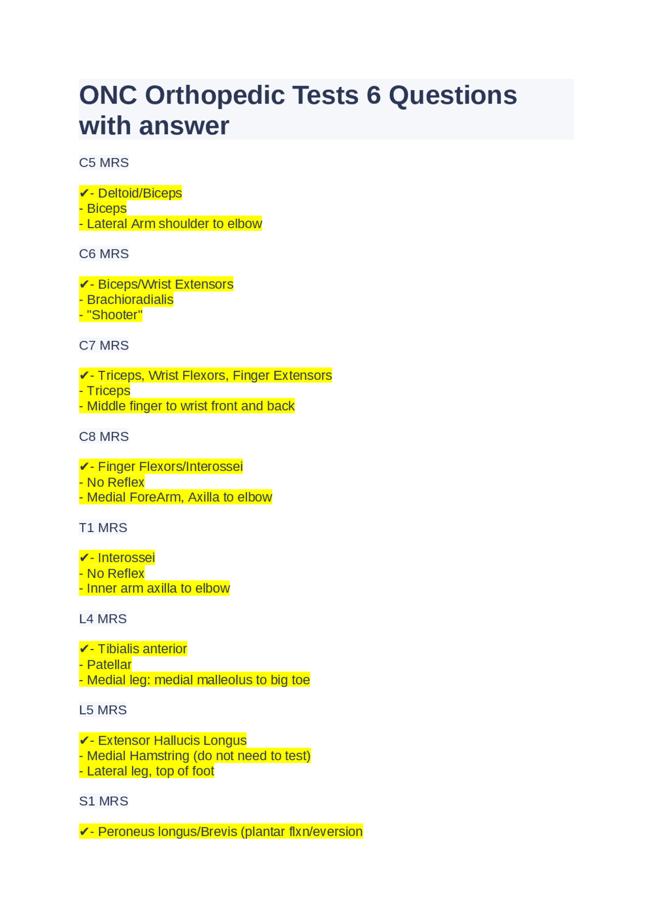 ONC Orthopedic Tests 6 Questions with answer Exams Orthopedics Docsity