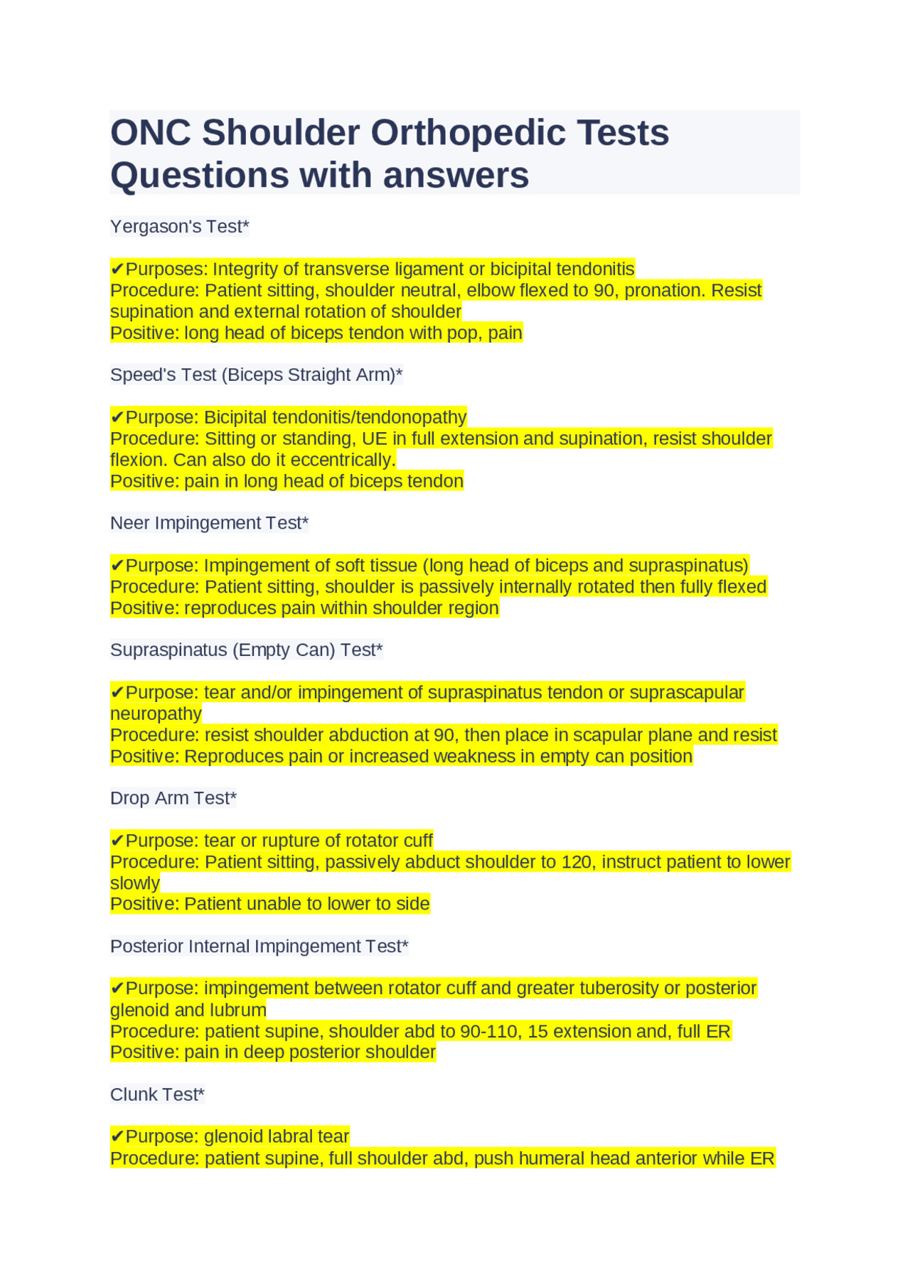 ONC Shoulder Orthopedic Tests Questions with answers Exams