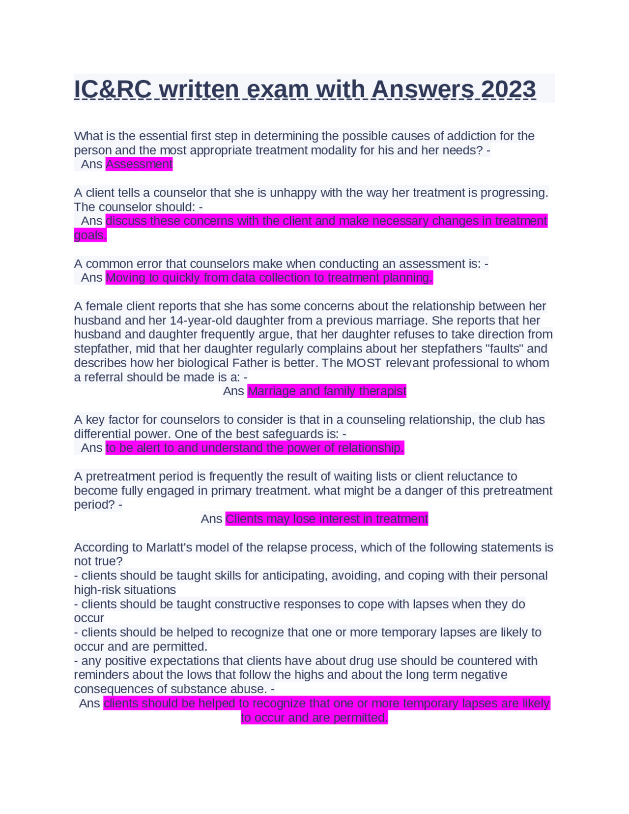 IC&RC written exam with Answers 2023 | Exams Public Health | Docsity