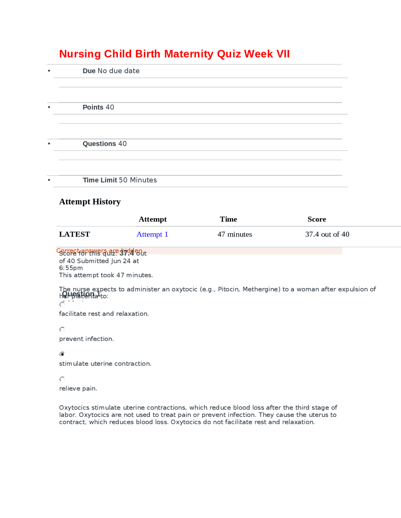 Nursing Child Birth Maternity Quiz Week VII Exámenes Enfermería Docsity