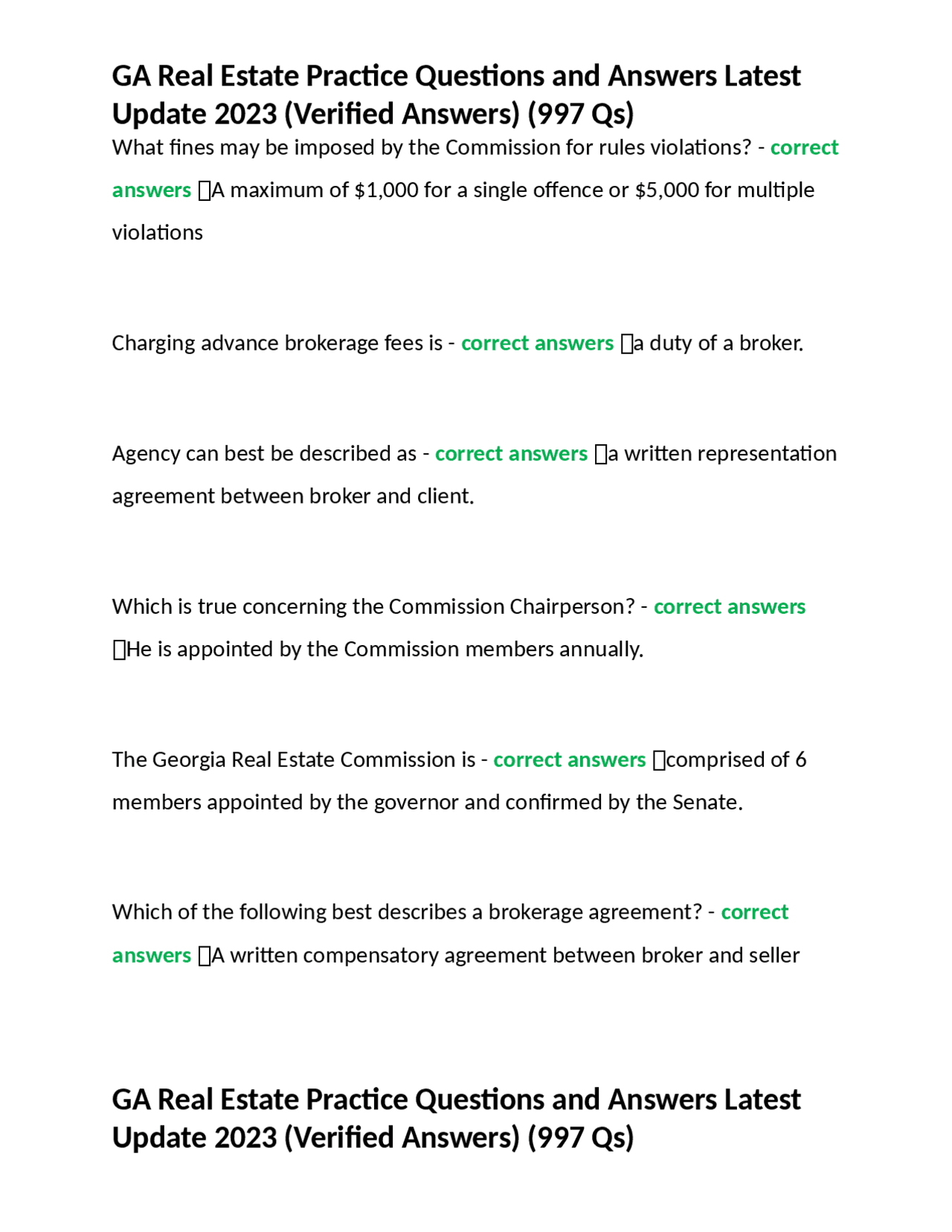 GA Real Estate Practice Questions and Answers Latest Update 2023