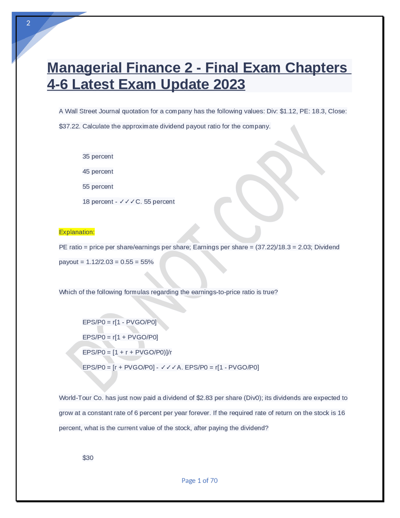 Managerial Finance 2 Final Exam Chapters 46 Latest Exam Update 2023 Exams Business
