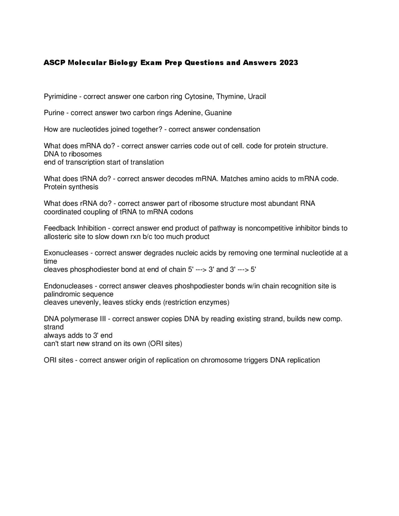 ASCP Molecular Biology Exam Prep Questions and Answers 2023 | Exams Biology | Docsity
