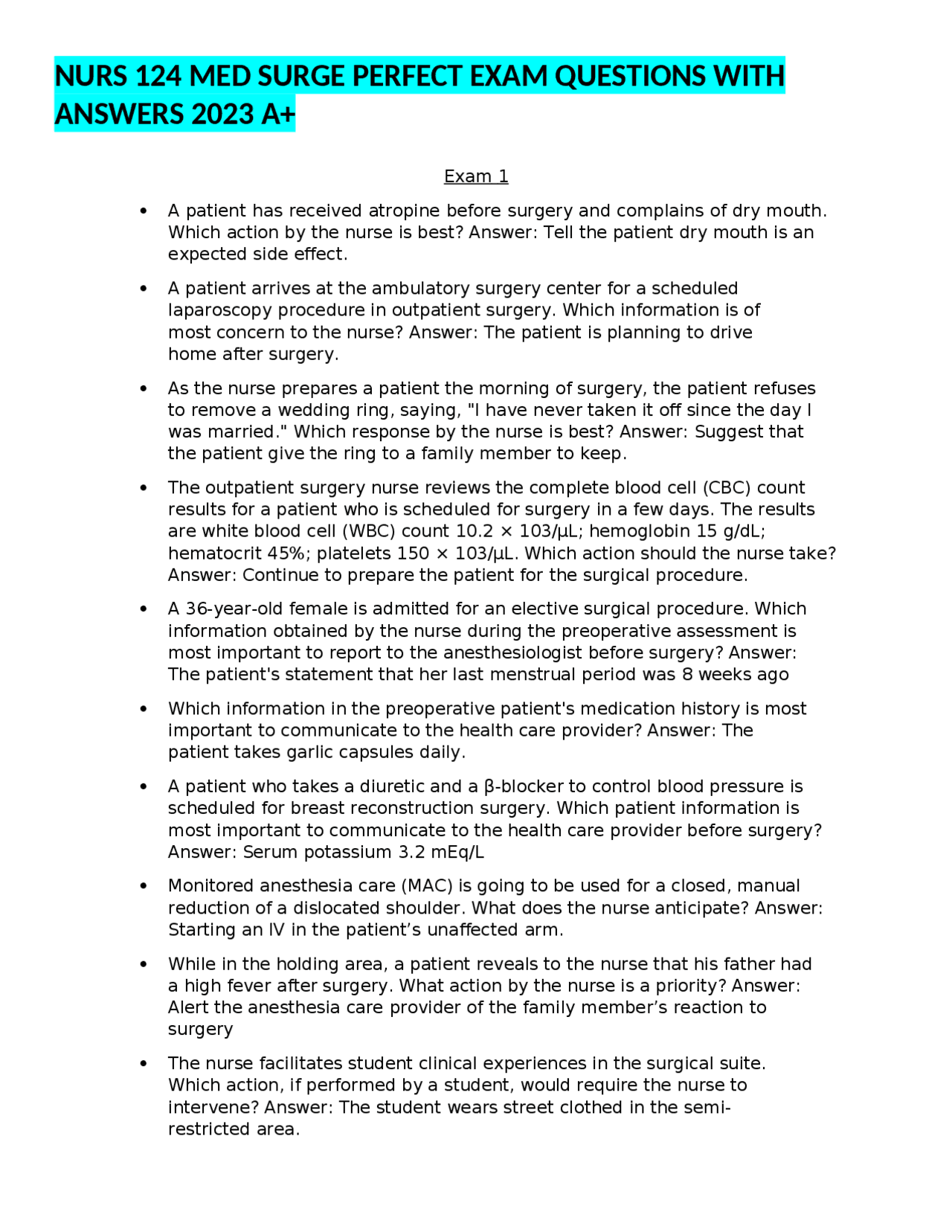 NURS 124 MED SURGE PERFECT EXAM QUESTIONS WITH ANSWERS 2023 A+ | Exams ...