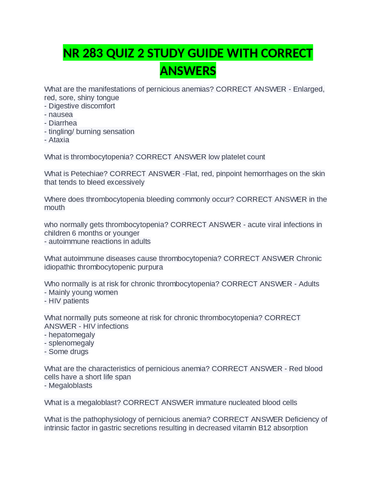 NR 283 QUIZ 2 STUDY GUIDE WITH CORRECT ANSWERS | Exams Nursing | Docsity