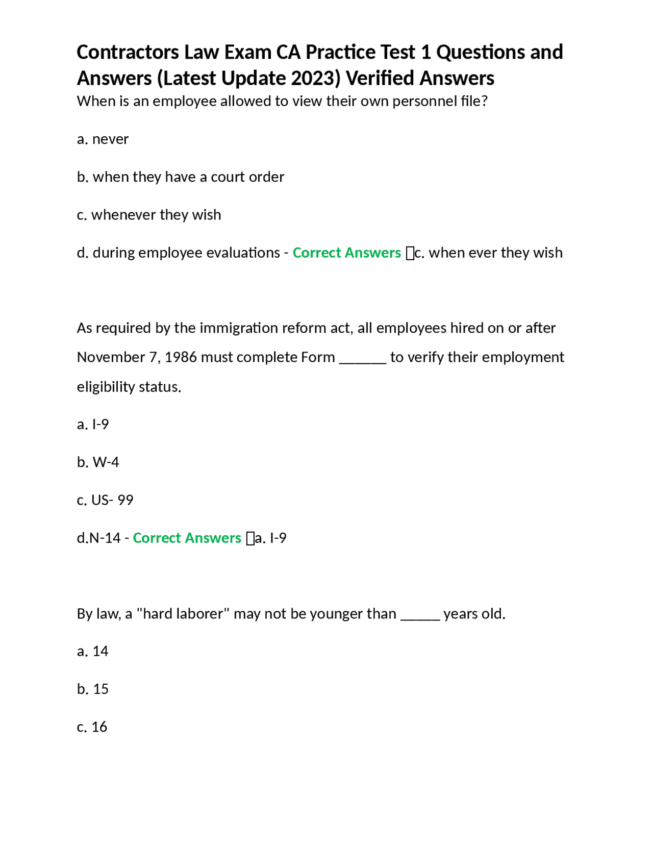 Contractor Test Contractors Law Exam CA Practice Test 1 Questions and Answers (Latest ...