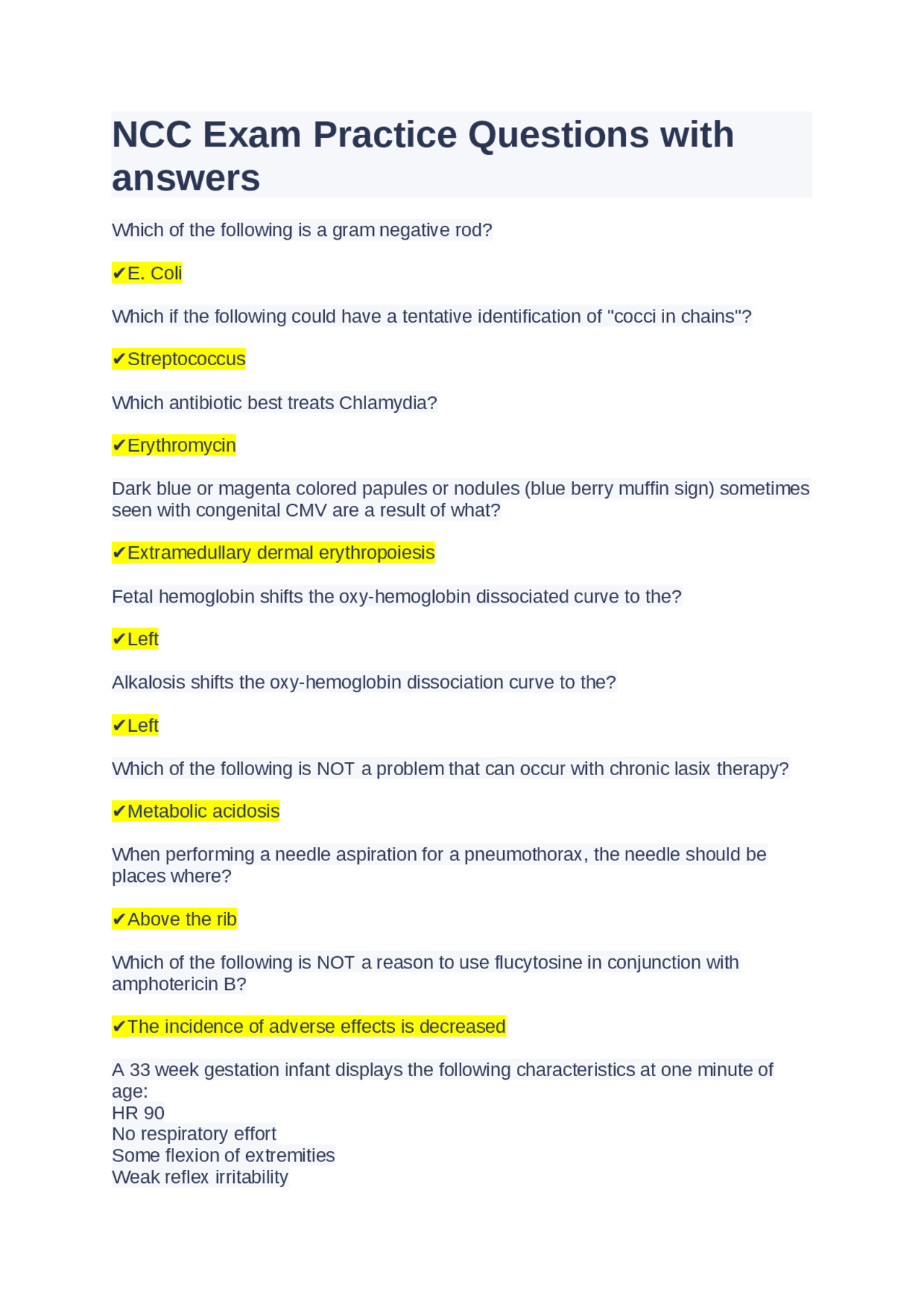 Ncc Basic Questions NCC Exam Practice Questions with answers | Exams Nursing | Docsity