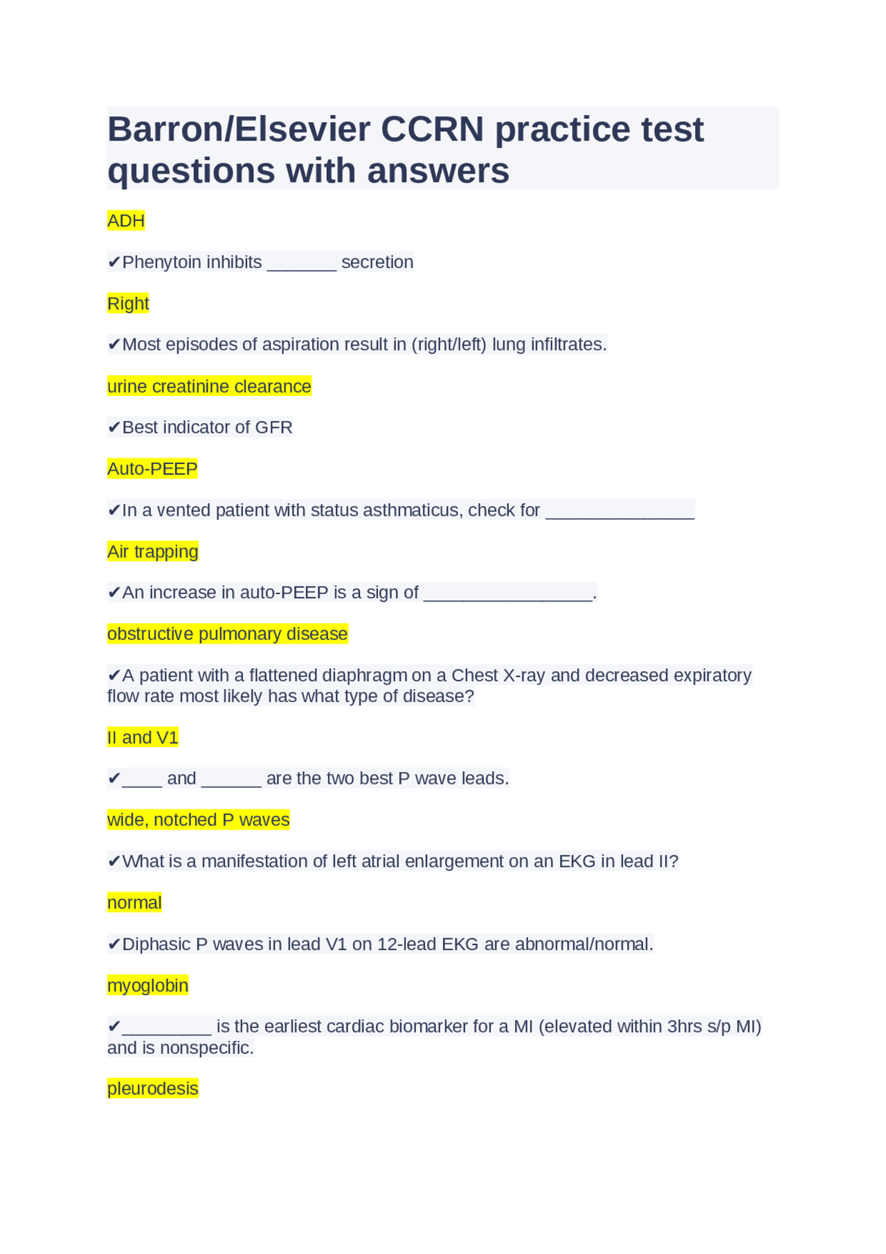 Barron/Elsevier CCRN practice test questions with answers | Exams ...