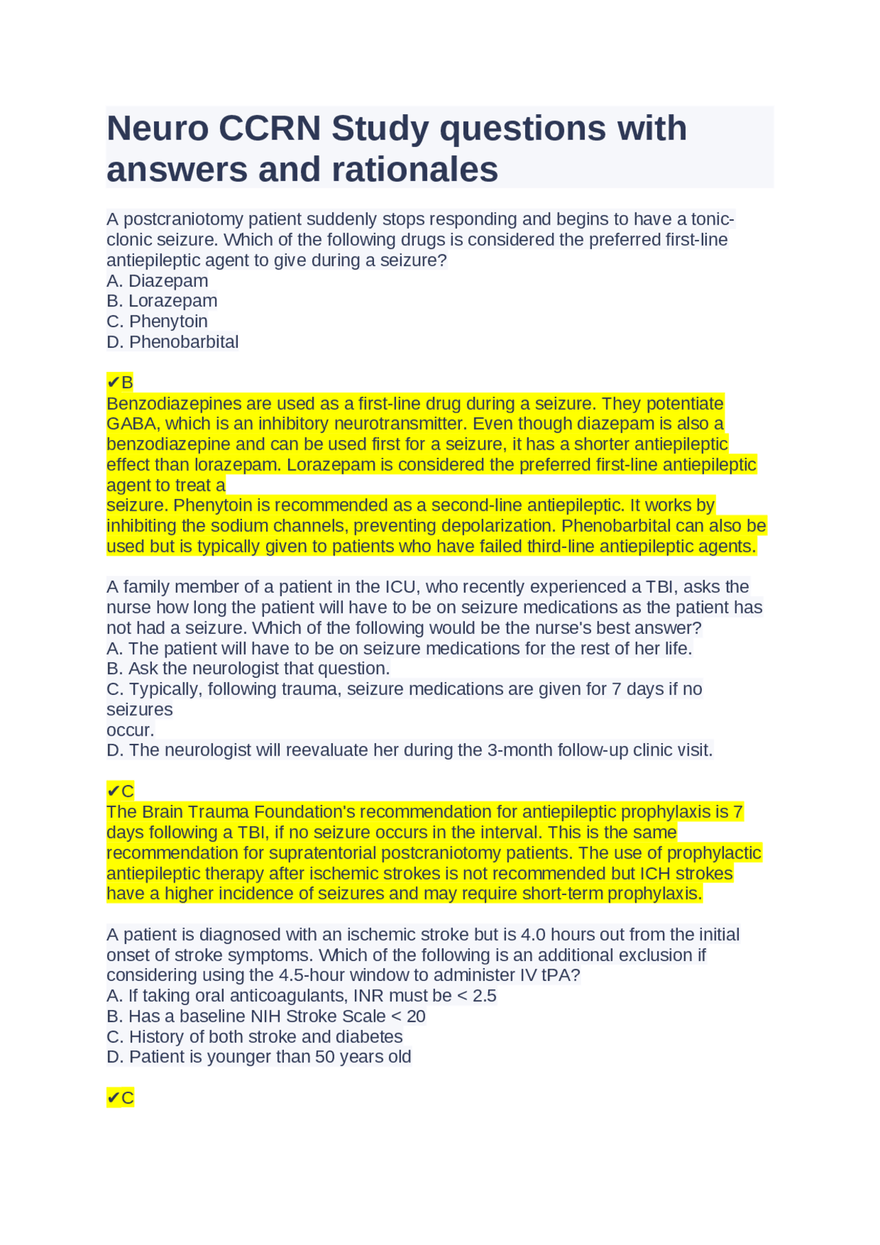 Neuro CCRN Study questions with answers and rationales | Exams Nursing ...