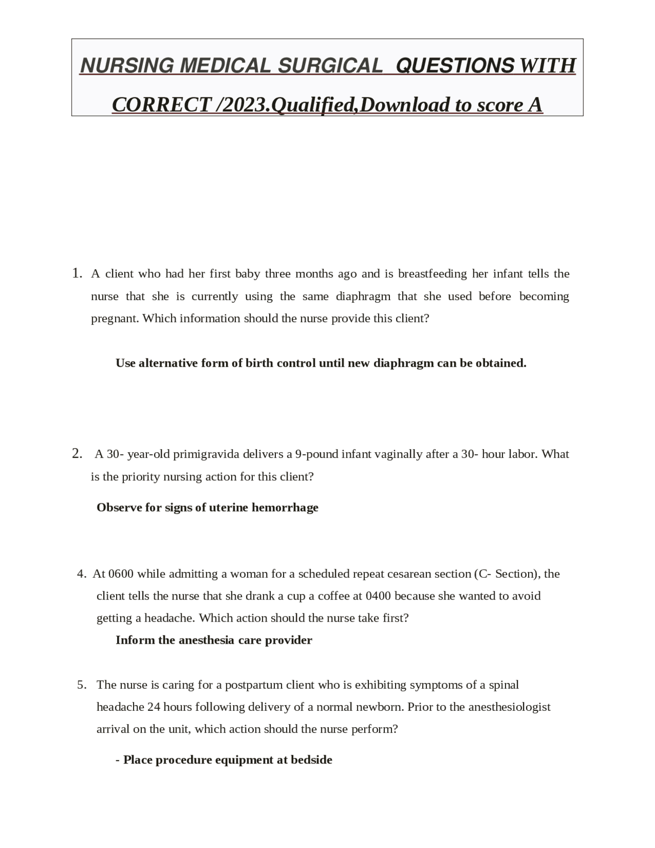 NURSING MEDICAL SURGICAL QUESTIONS WITH CORRECT /2023.Qualified