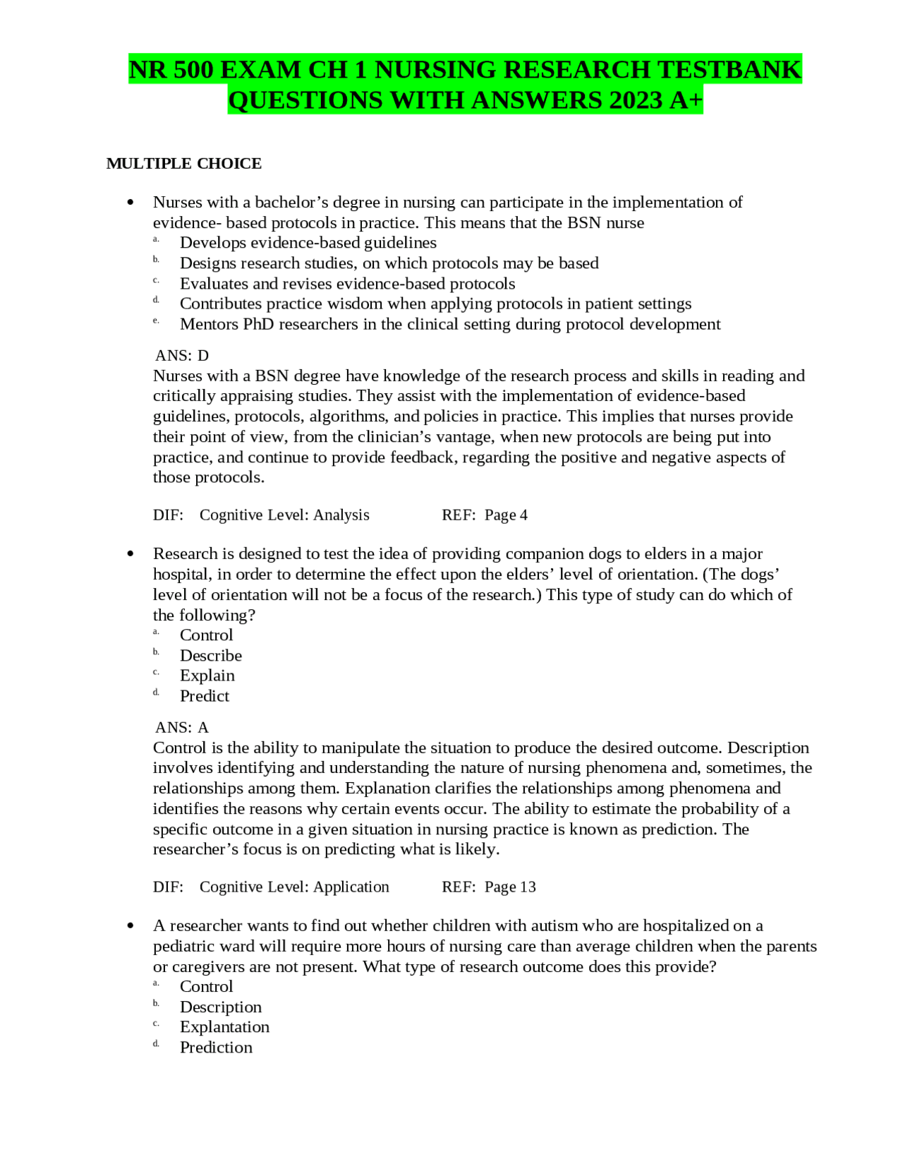 NR 500 EXAM CH 1 NURSING RESEARCH TESTBANK QUESTIONS WITH ANSWERS 2023 ...