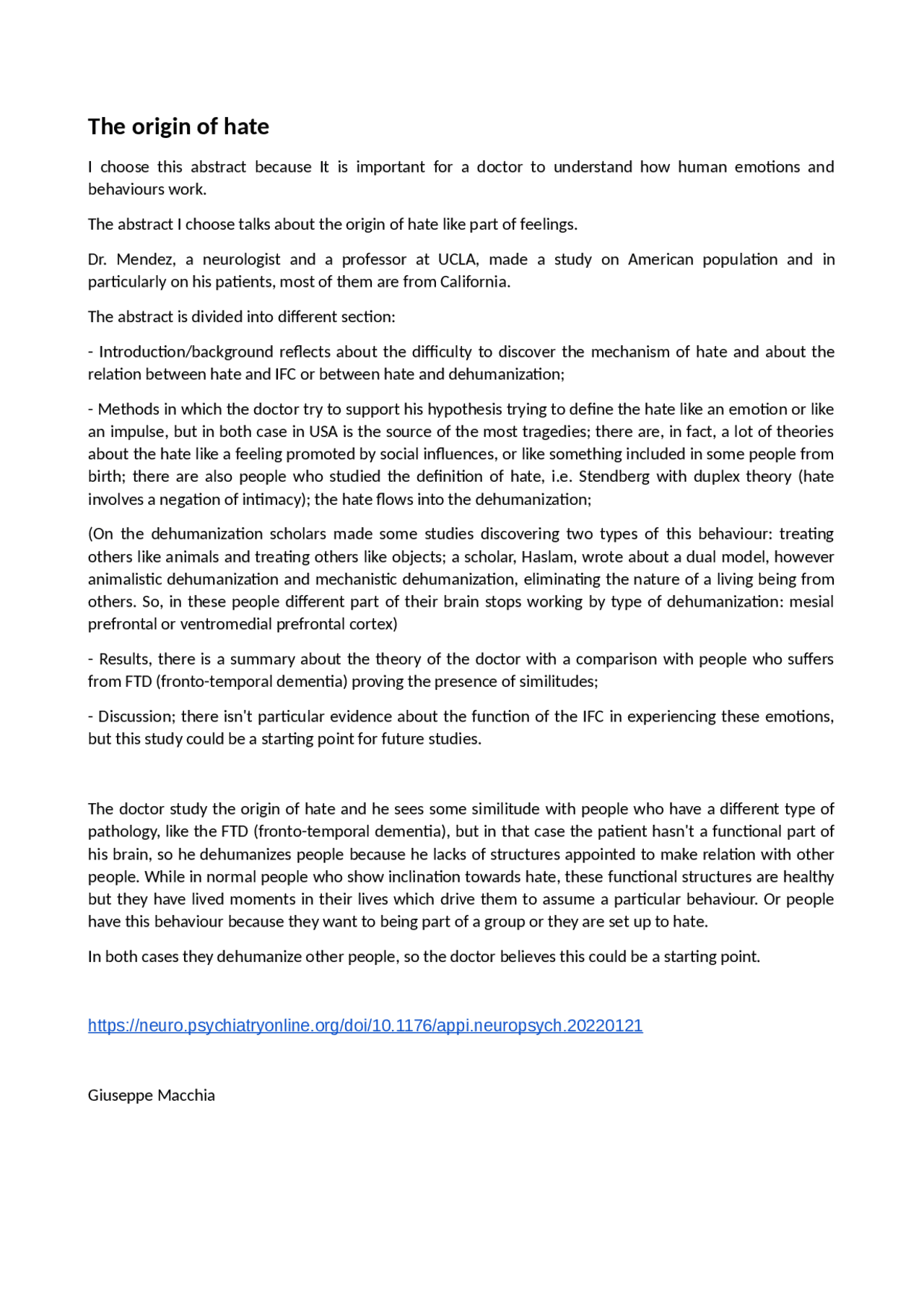 The origin of hate: summary | Prove d'esame di Lingua Inglese | Docsity