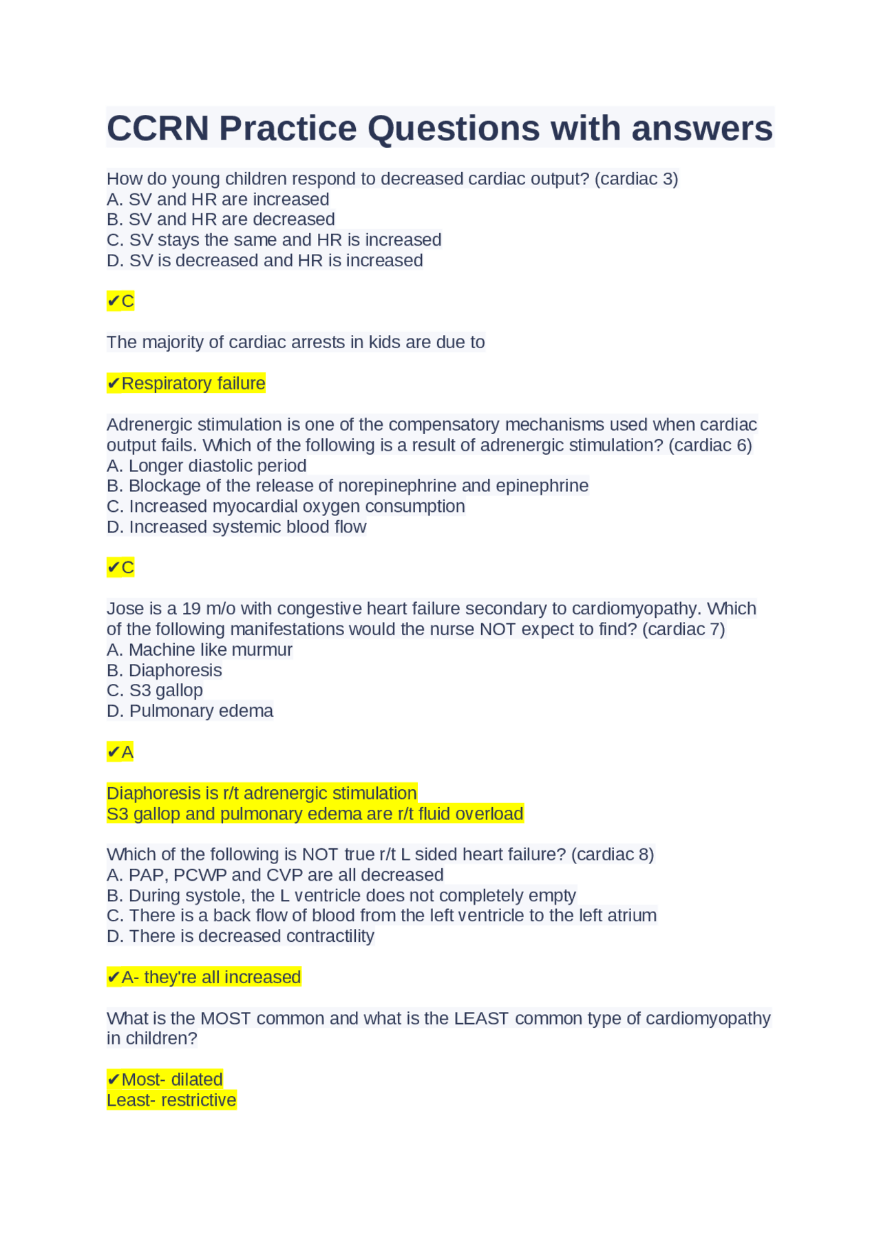 CCRN Practice Questions with answers | Exams Nursing | Docsity