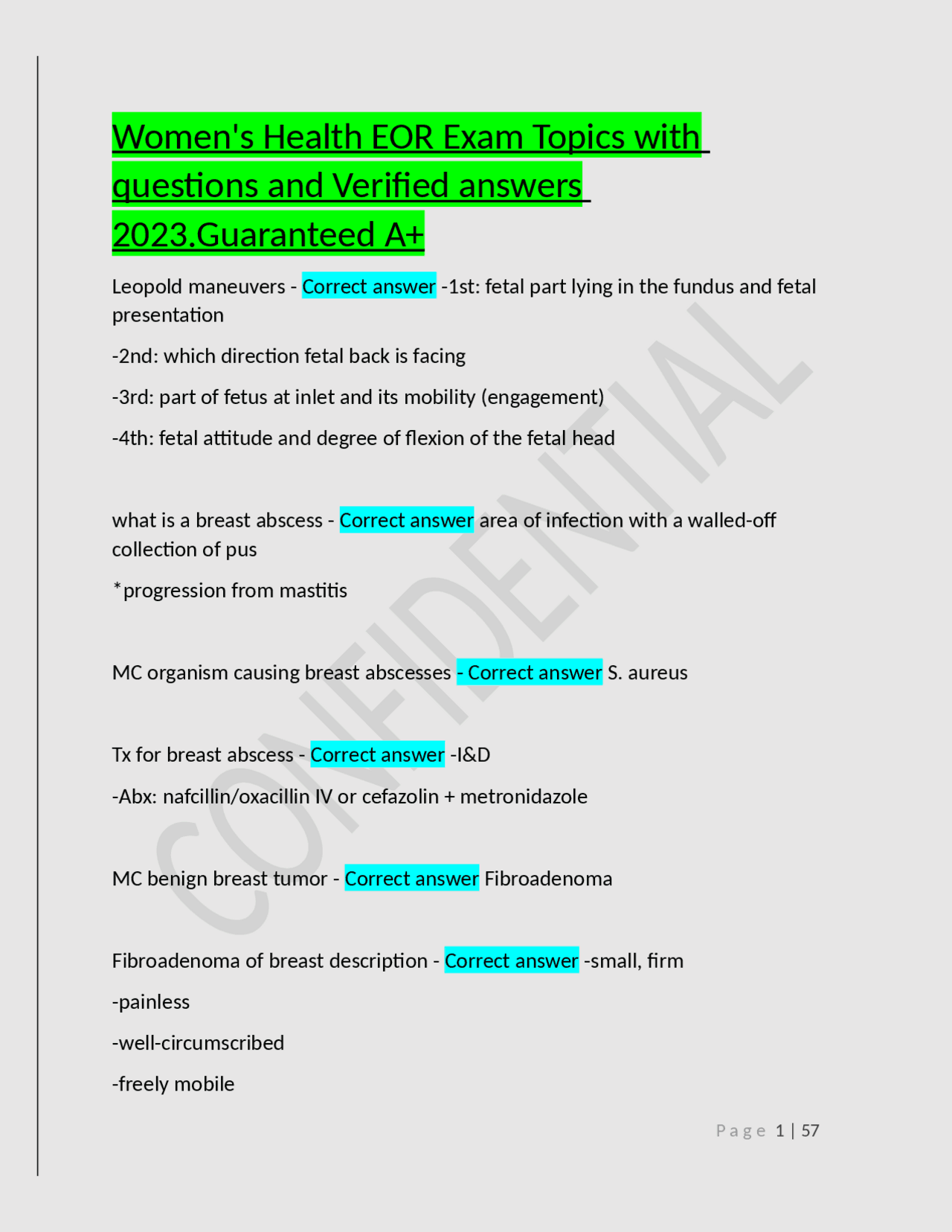 Women's Health EOR Exam Topics with questions and Verified answers 2023