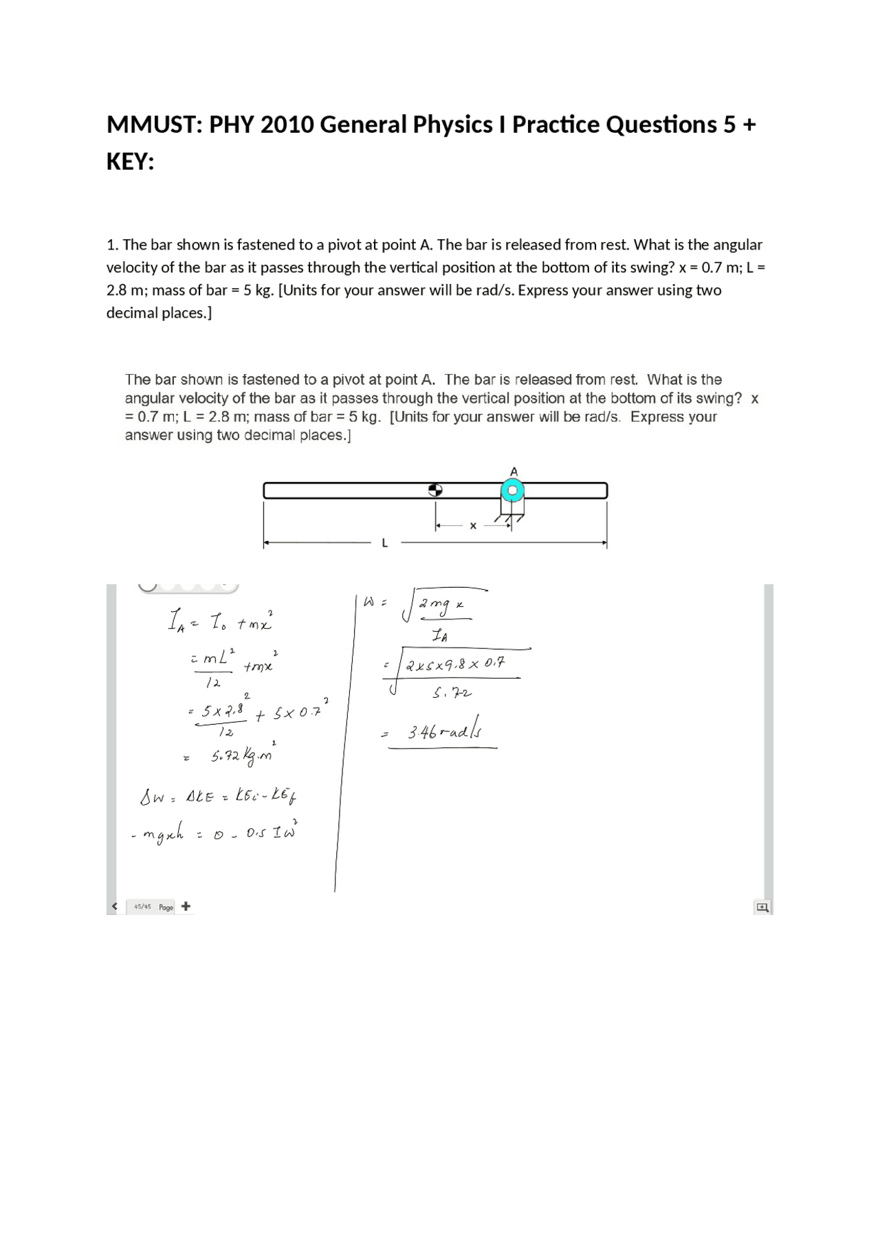 PHY 2010 General Physics I EXAM Practice Questions 5 + KEY- | Exercises ...