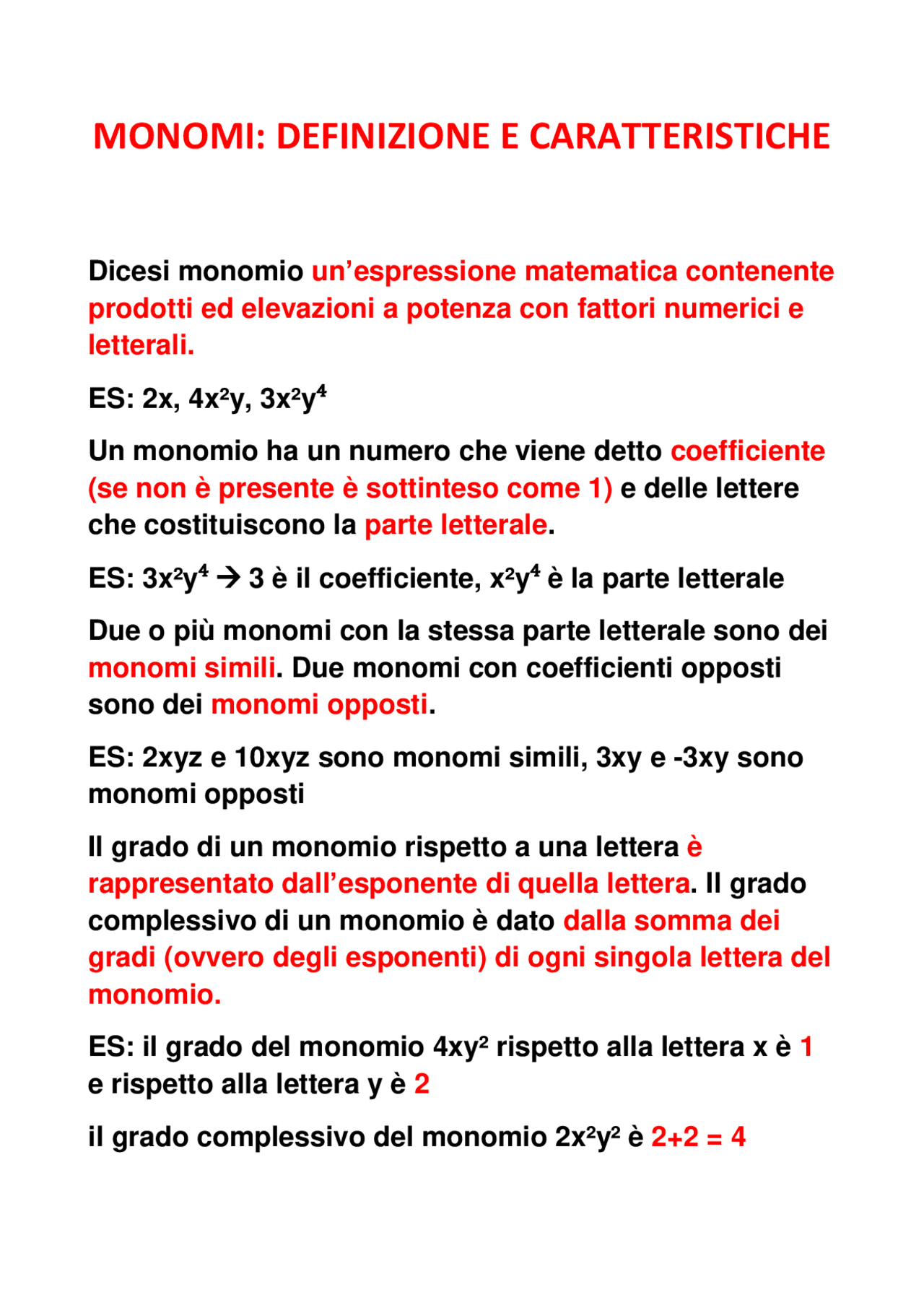 Monomi definizione e caratteristiche Dispense di Matematica Docsity