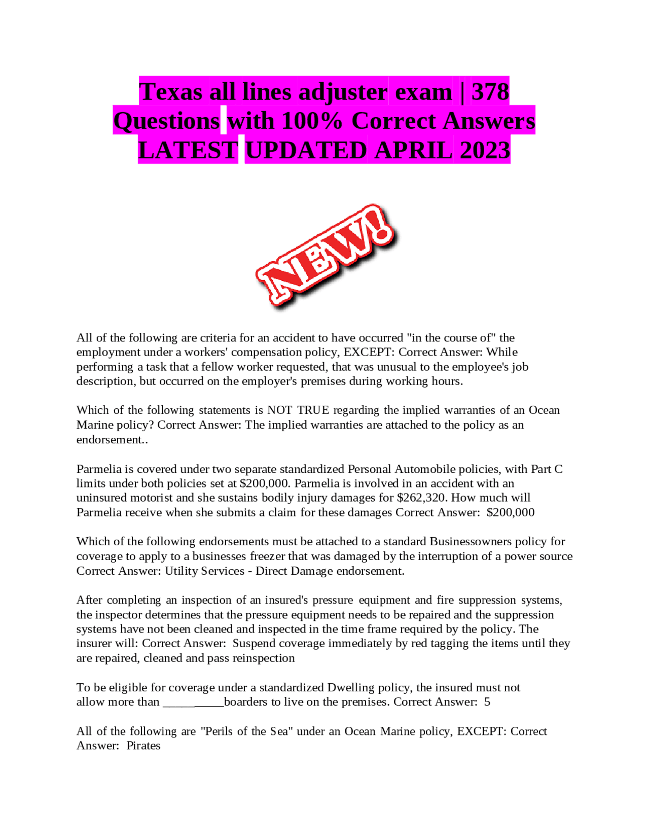 Texas all lines adjuster exam 378 Questions with 100% Correct Answers ...