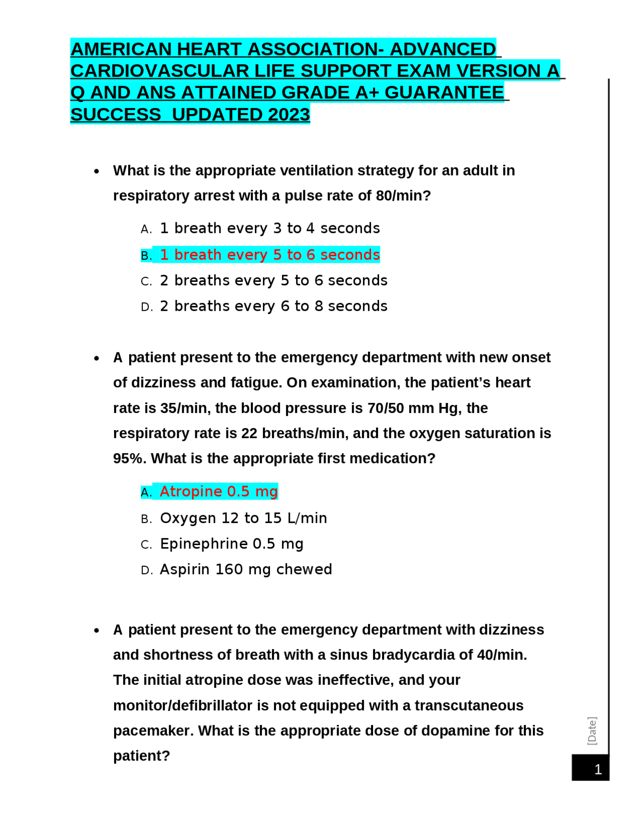 American Heart Association Advanced Cardiovascular Life Support Exam Version A Q And Ans American Heart Association Advanced Cardiovascular Life Support Exam Version A Q And Ans