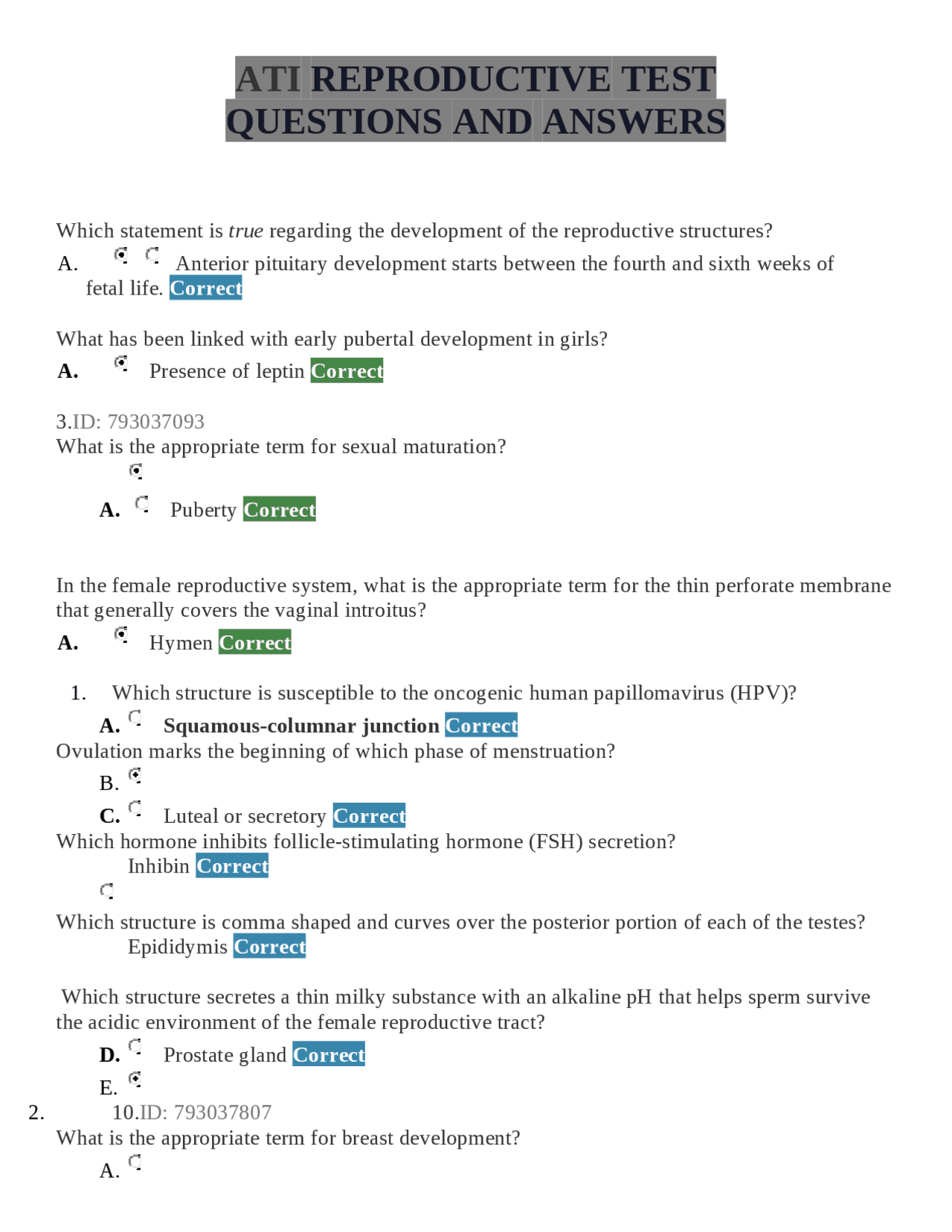 Reproduction Question Reproductive System Test Questions and Answers | Exams Nursing | Docsity