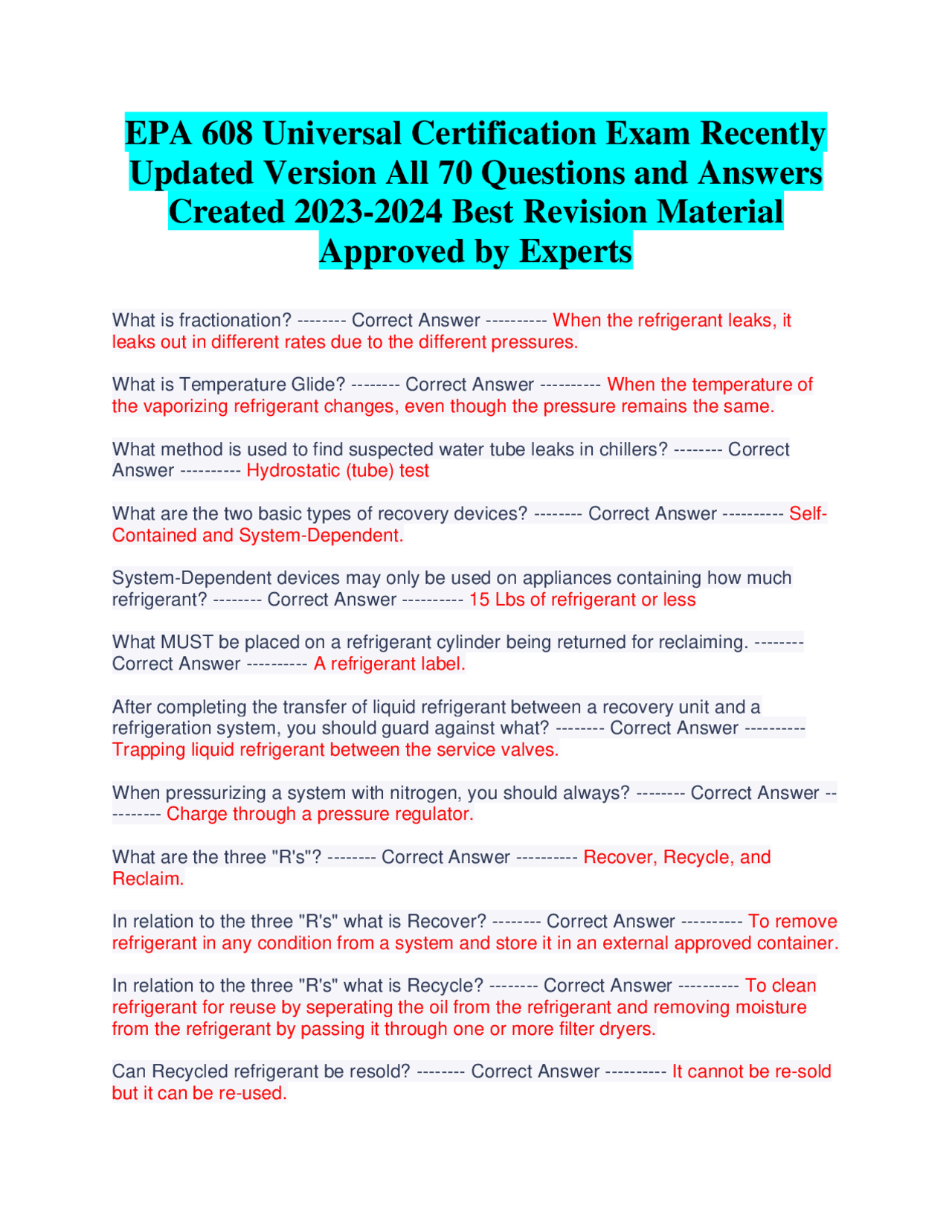 EPA 608 Universal Certification Exam Recently Updated Version All 70 ...