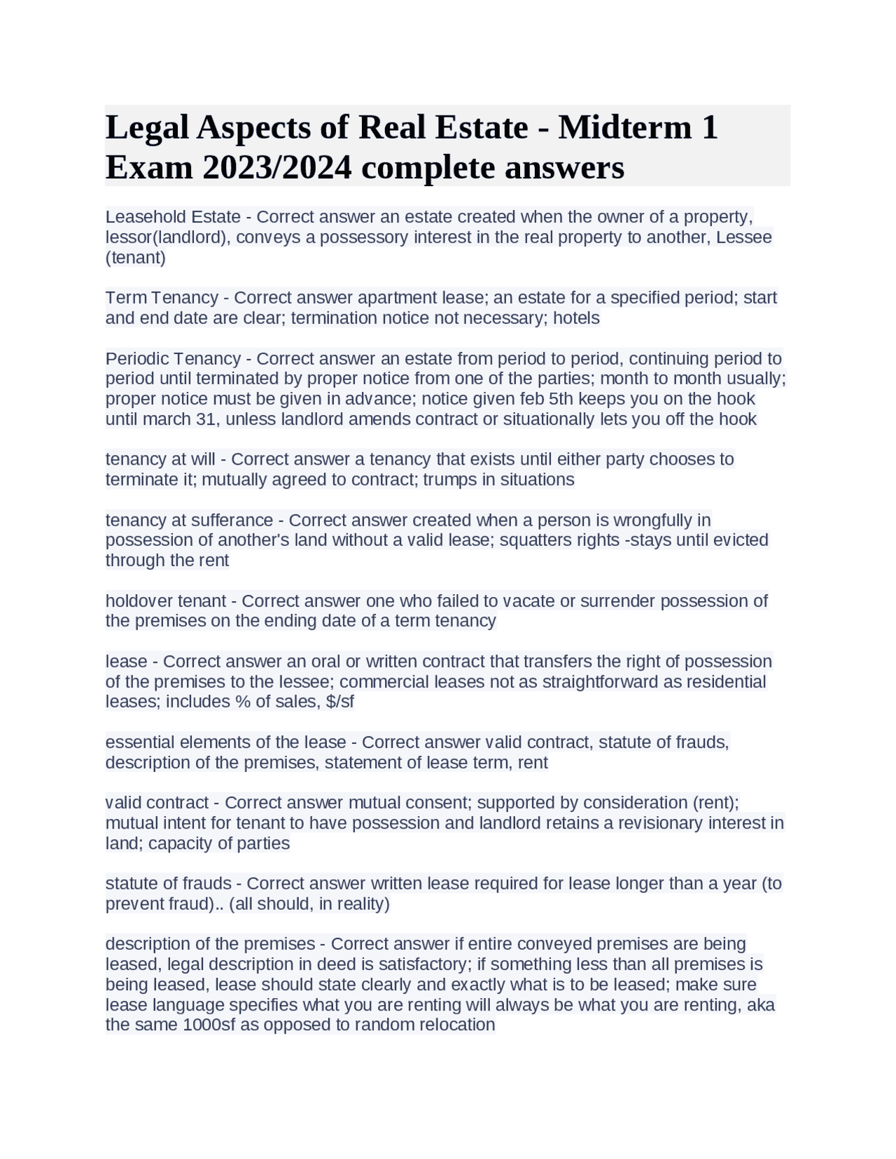 Legal Aspects of Real Estate Midterm 1 Exam 2023/2024 complete