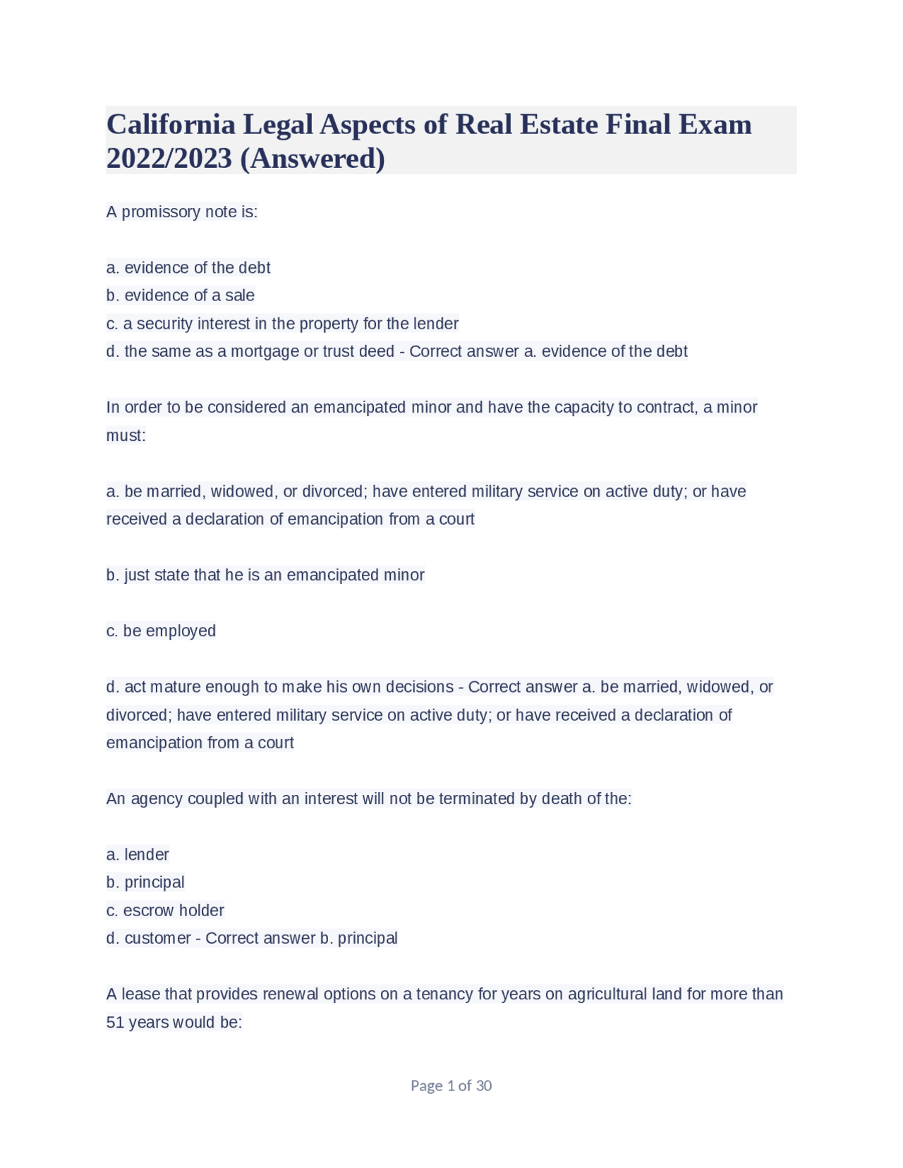 California Legal Aspects of Real Estate Final Exam 2022/2023 (Answered) Exams Real Estate