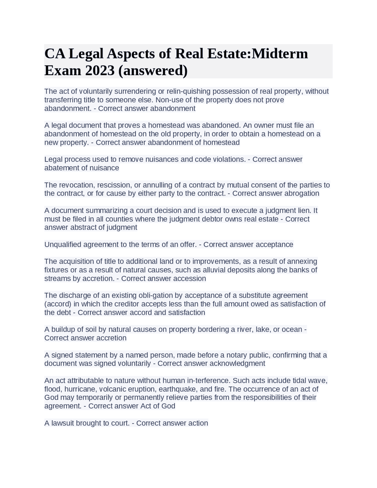 CA Legal Aspects of Real EstateMidterm Exam 2023 (answered) Exams