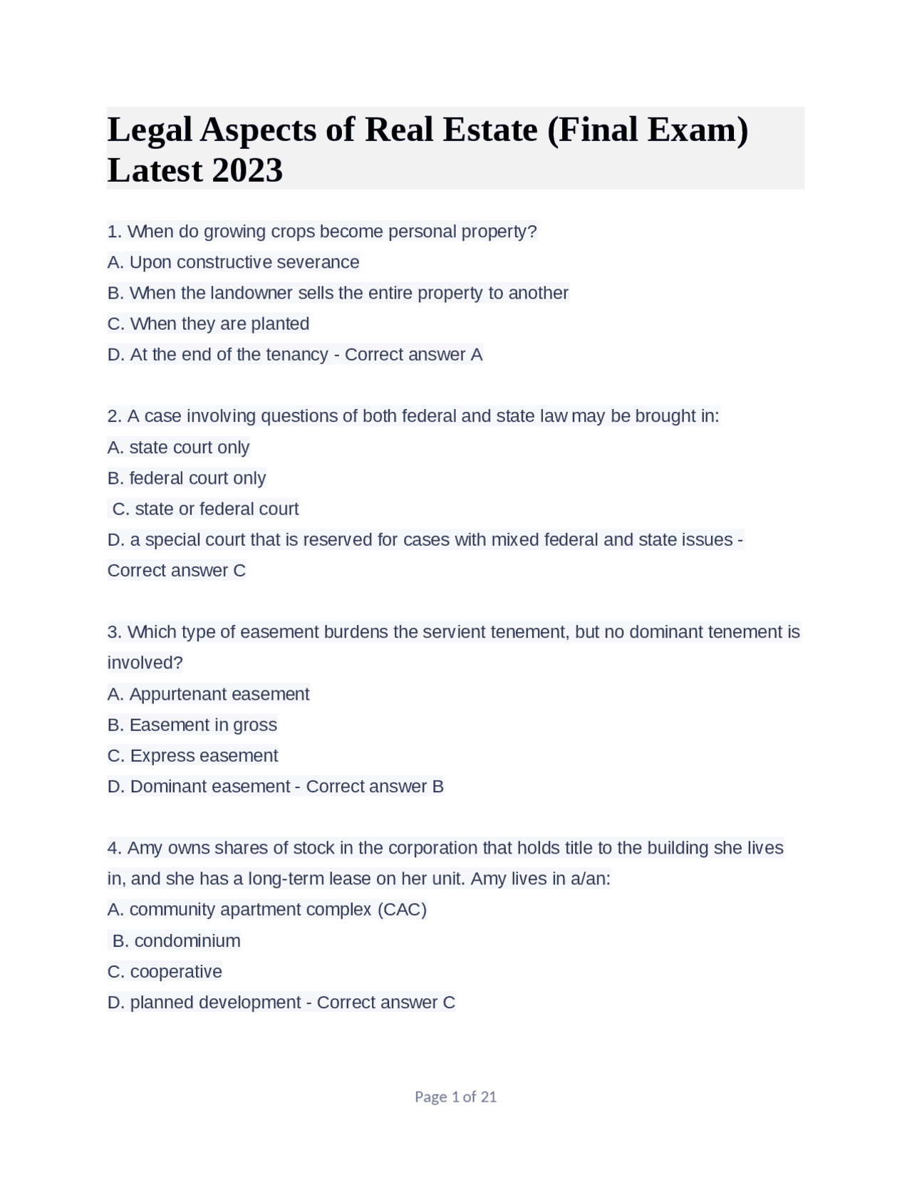 Legal Aspects of Real Estate (Final Exam) Latest 2023 Exams Real Estate Management Docsity