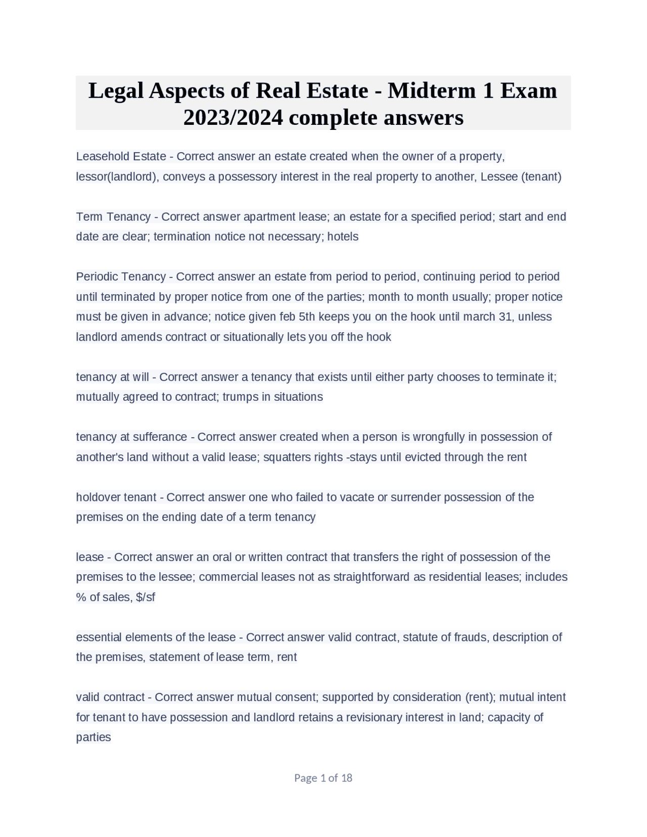 Legal Aspects of Real Estate Midterm 1 Exam 2023/2024 Exams Real