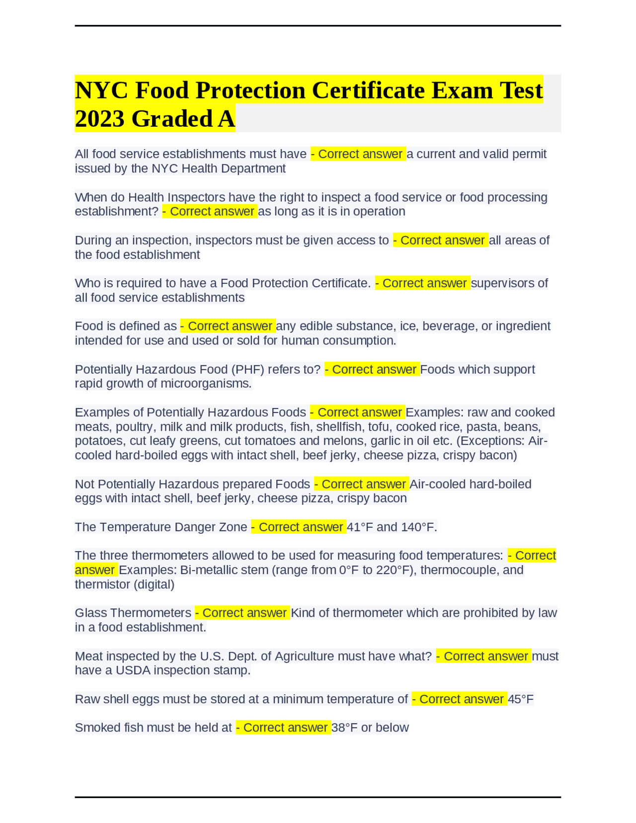 NYC Food Protection Certificate Exam Test 2023 Graded A Exams Food