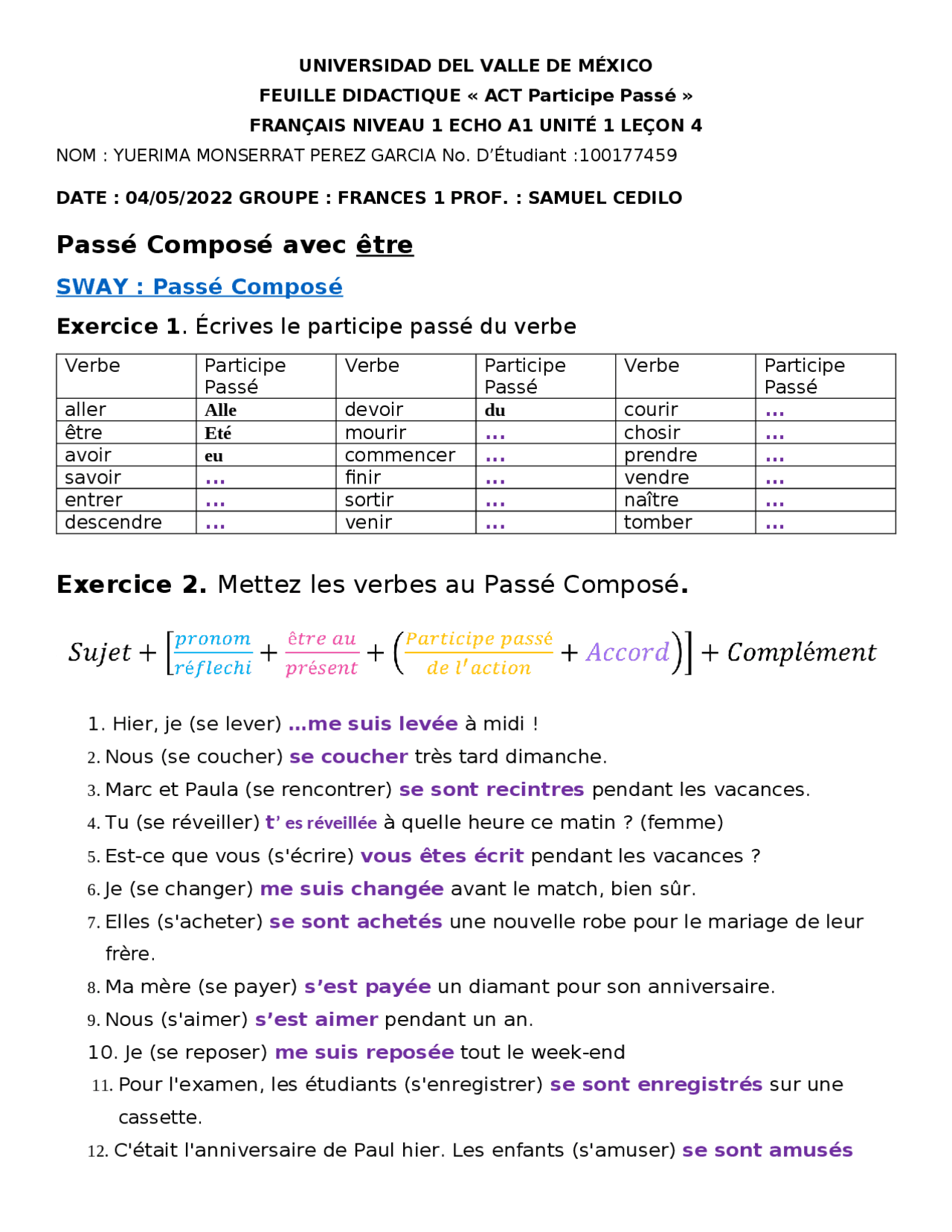 Fiche pédagogique sur le passé composé avec être | Apuntes de Idioma ...