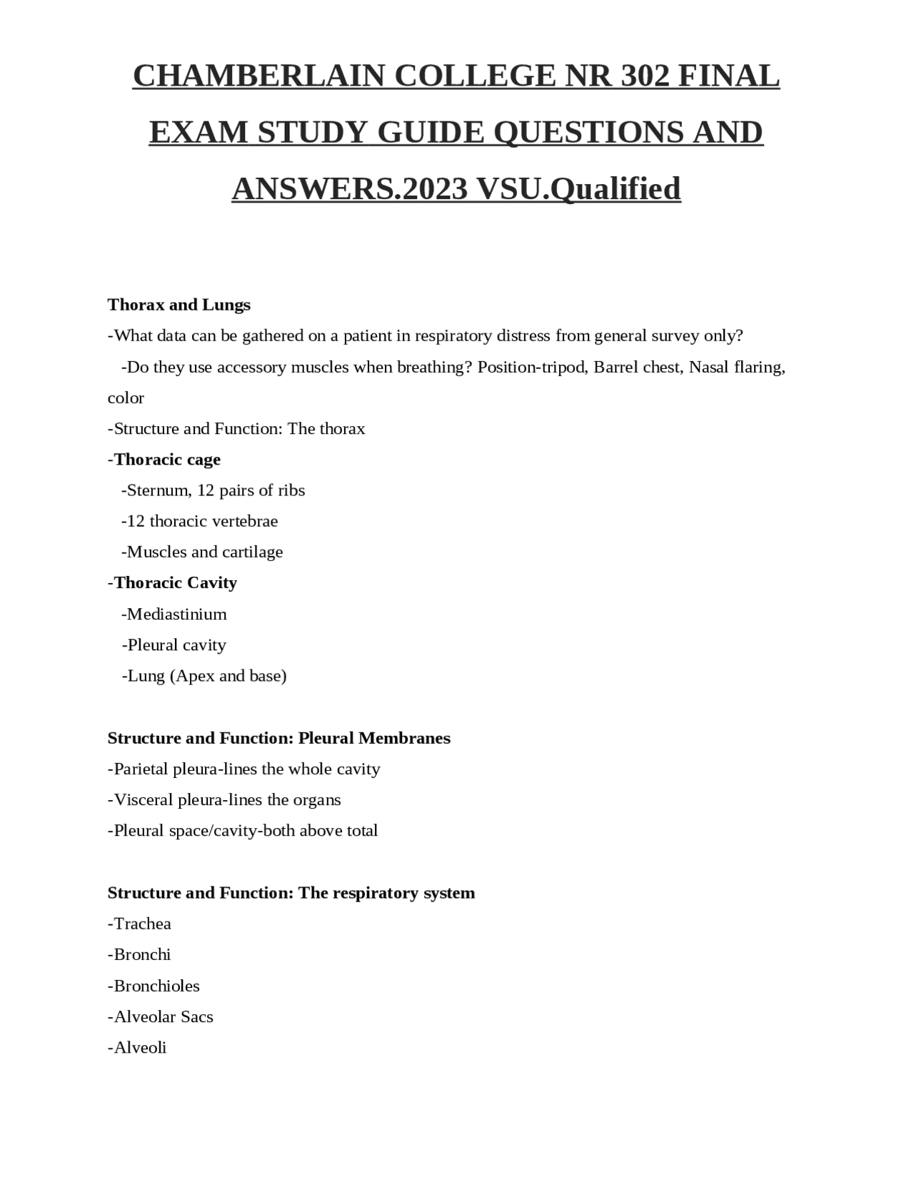 CHAMBERLAIN COLLEGE NR 302 FINAL EXAM STUDY GUIDE QUESTIONS AND ANSWERS ...