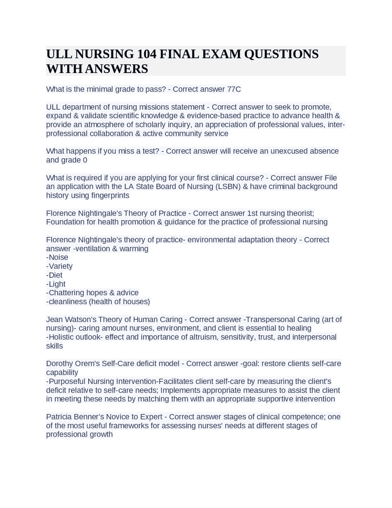 ULL NURSING 104 FINAL EXAM QUESTIONS WITH ANSWERS Exams Nursing Docsity