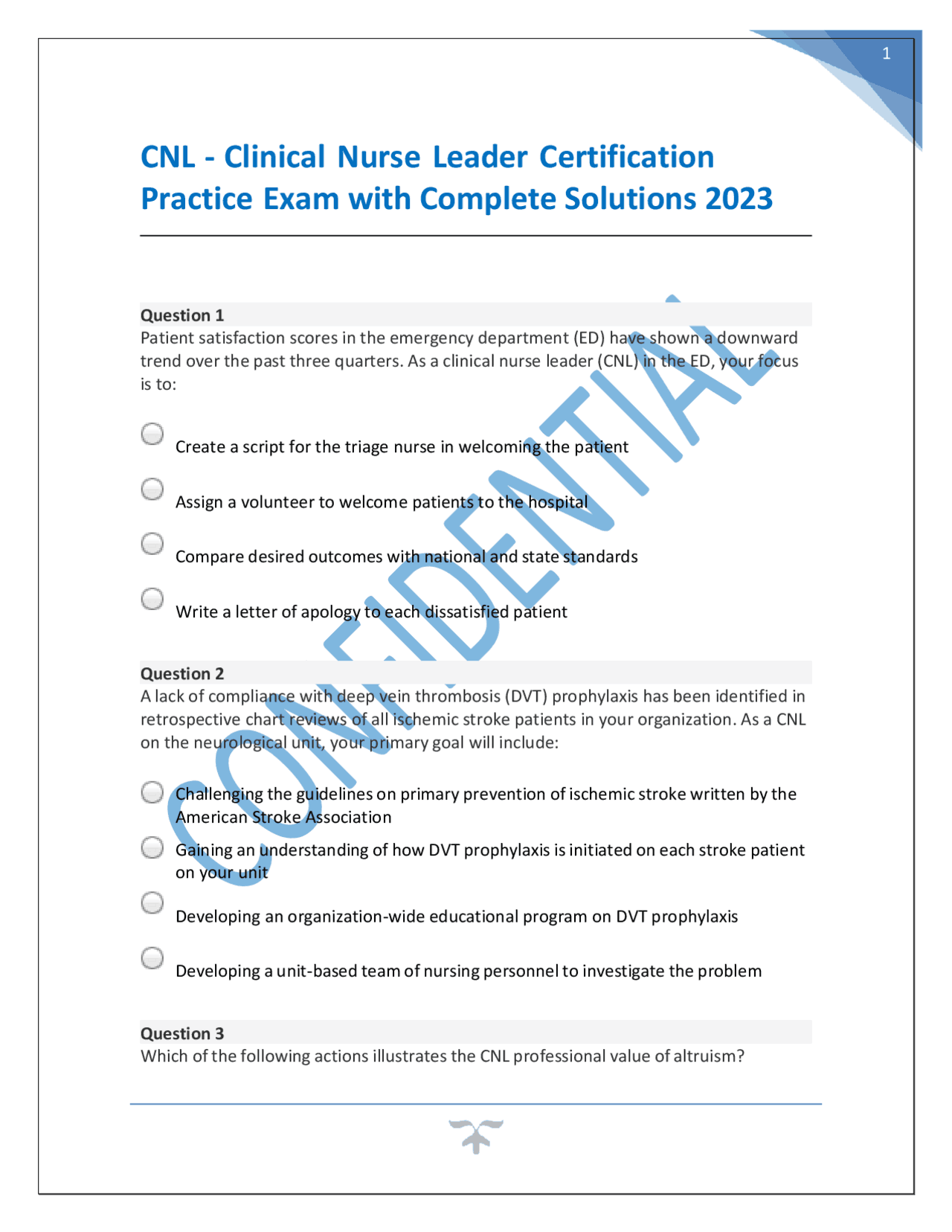 CNL Clinical Nurse Leader Certification Practice Exam with Complete CNL Clinical Nurse Leader Certification Practice Exam with Complete