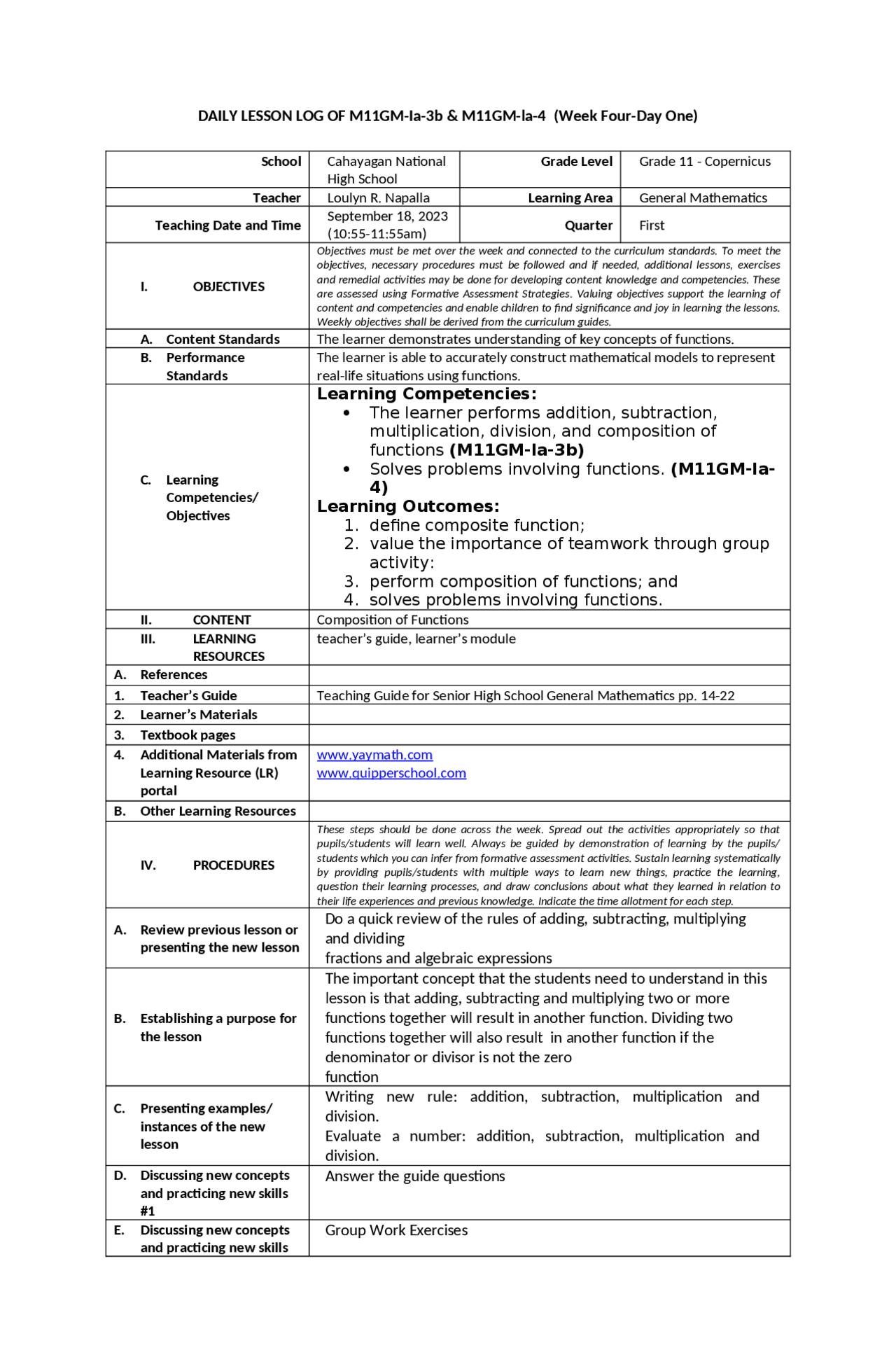 Maths Lesson Log Daily Lesson Log in General Mathematics | Lecture notes Mathematics ...