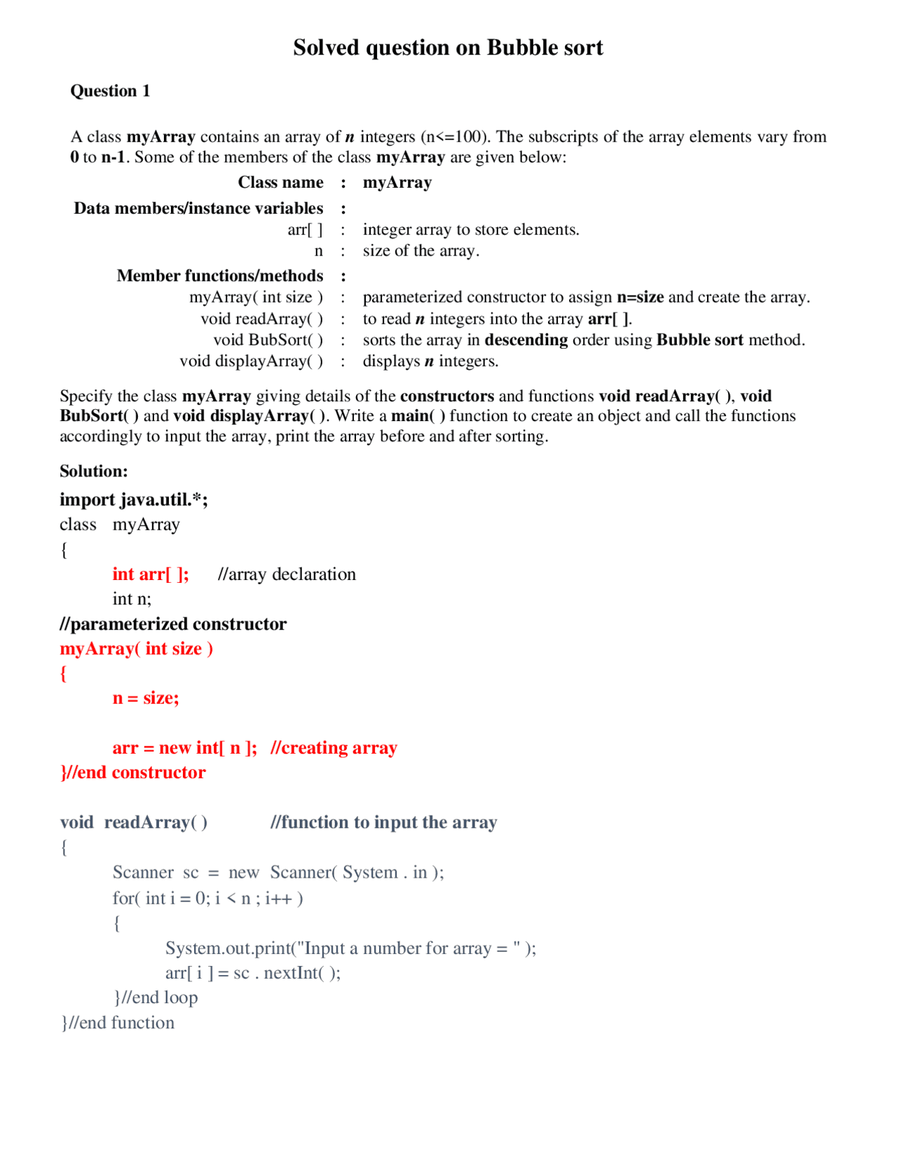 Solved question on Bubble sort | Assignments Computer science | Docsity